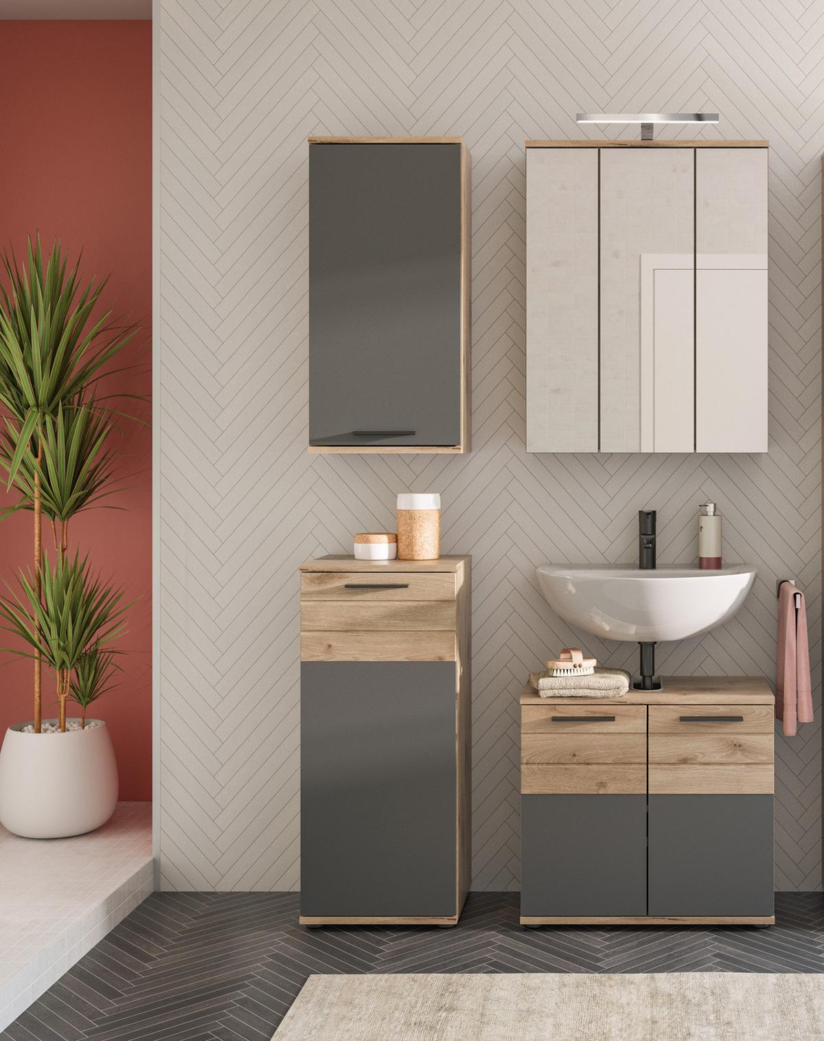 HÄNGESCHRANK Eiche grau 37 x 77 cm, Badschrank mit Soft-Close, Badezimmermöbel - Eichefarben/Schwarz, Holzwerkstoff/Kunststoff (37/77/24cm) - Inn.Furn