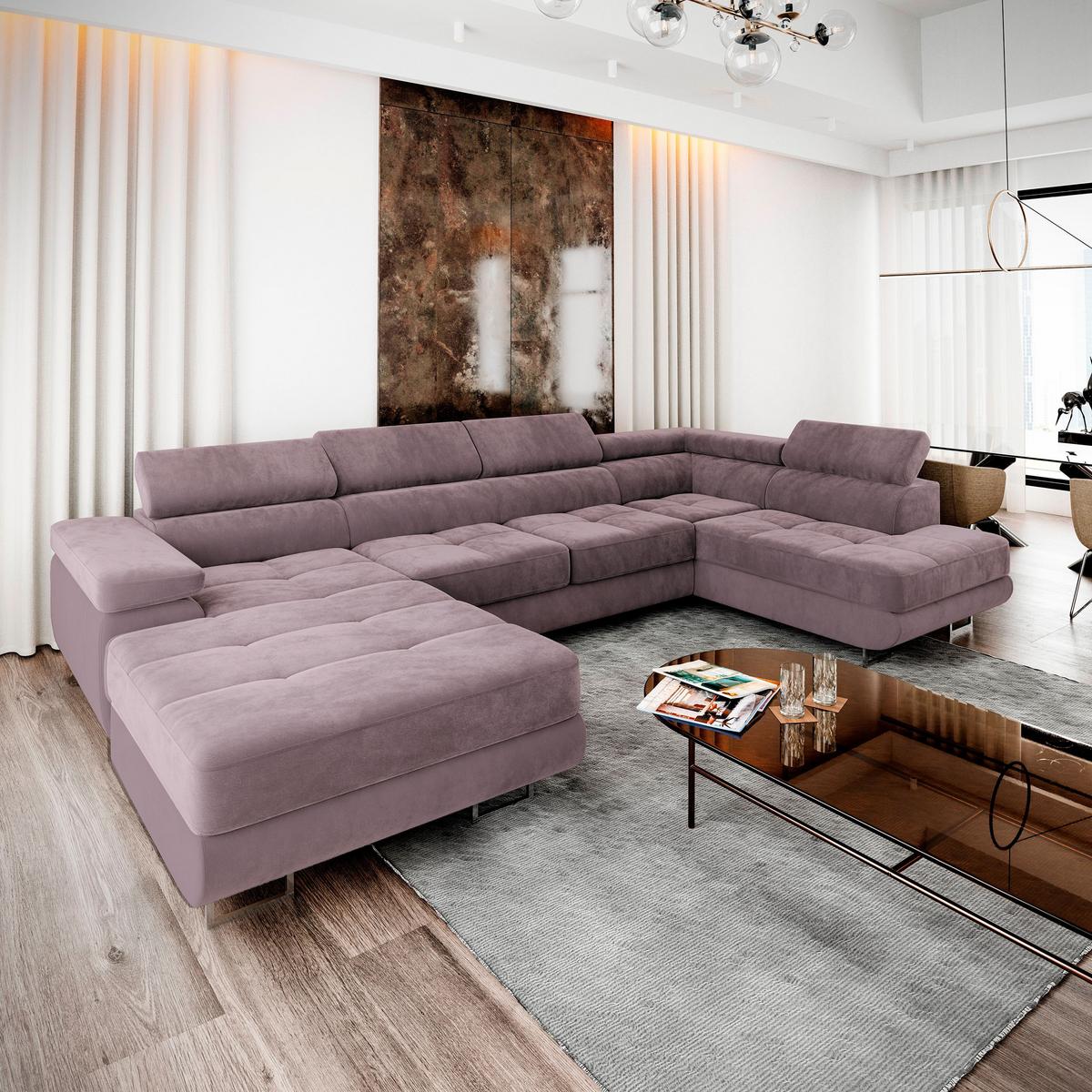 WOHNLANDSCHAFT CASONE R-S Lila Velours-Stoff mit Schlaffunktion - Lila/Silberfarben, Holz/Textil (345/90/202cm) - MASSENO