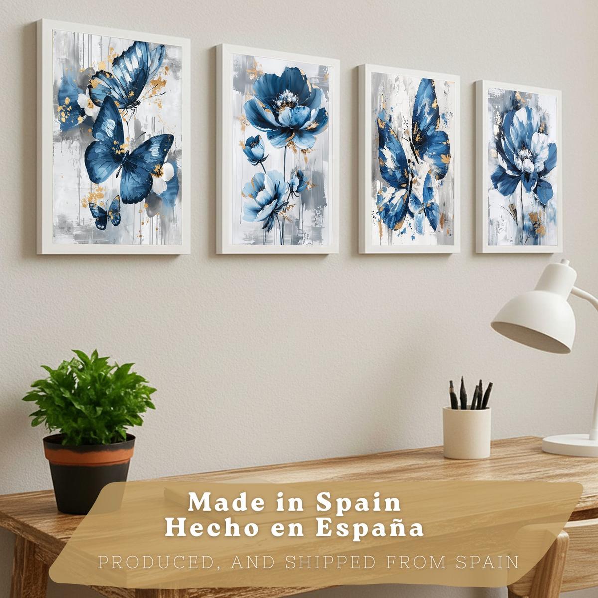 POSTER 4er Kunstdruck-Set Wandbilder Blumen Blau Schmetterlinge modern Wohnzimmer Deko, Schlafzimmer, Küche, Badezimmer Rahmenlos A4 - Weiß, Papier (29.7/1/21cm) - Nacnic