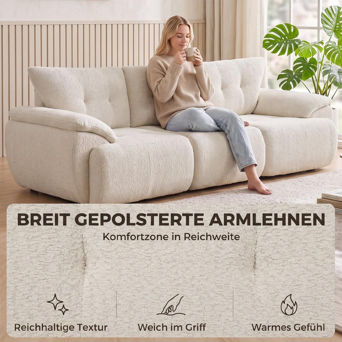 3-SITZER-SOFA Chenille 100 Polyester hochdichter Schaumstoff Cremeweiß - Creme, Textil (92/80/260cm) - HOMCOM