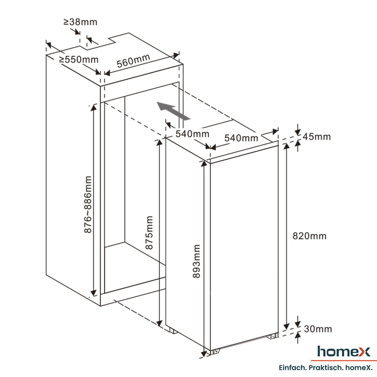 KÜHLSCHRANK Einbau, mit Gefrierfach, 88cm Nische, 118 Liter, Schlepptürtechnik, CFB1181E - Weiß, Glas/Kunststoff (54/89/54cm) - homeX