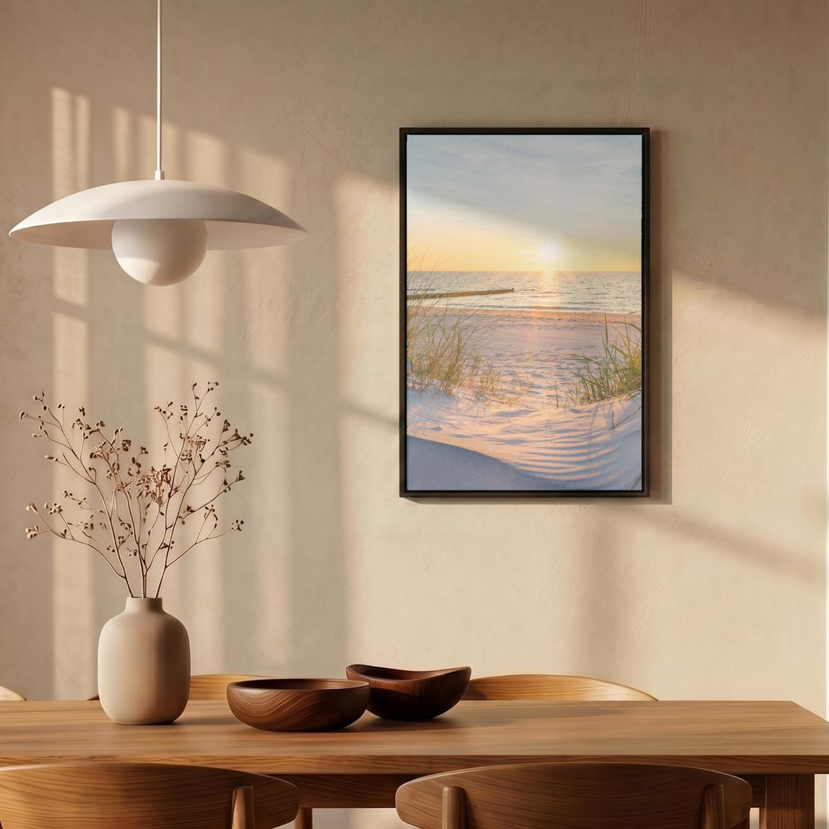 LEINWAND Bilder mit Rahmen - Strand - Sonne - Düne - Gras - Sand - Horizont - 40x60 - Hellblau, Textil (40/60cm) - MuchoWow