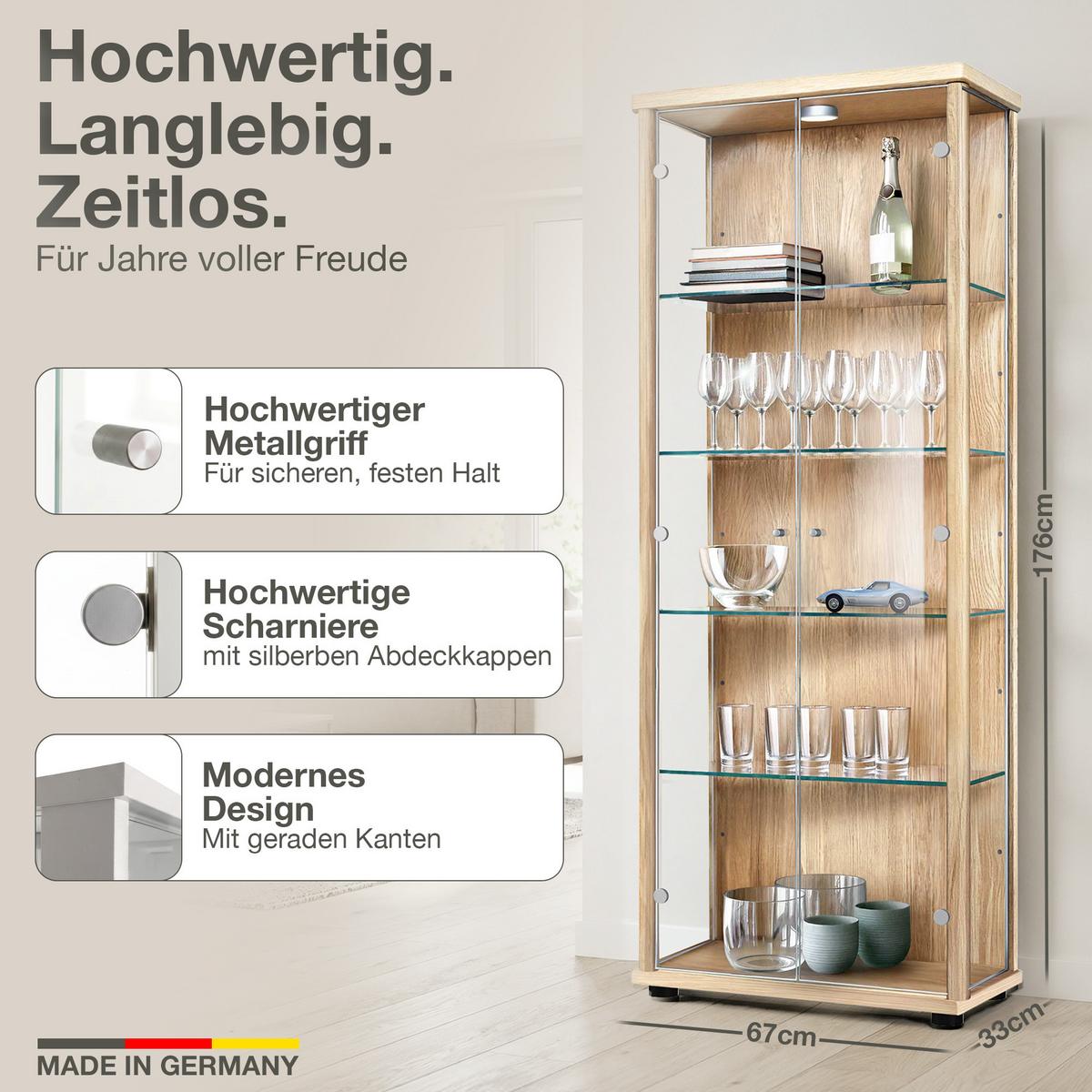 VITRINE 33/67/176 cm mit LED & 4 höhenverstellbaren Glasböden - Transparent/Silberfarben, Glas/Holzwerkstoff (67/176/33cm) - K-Möbel