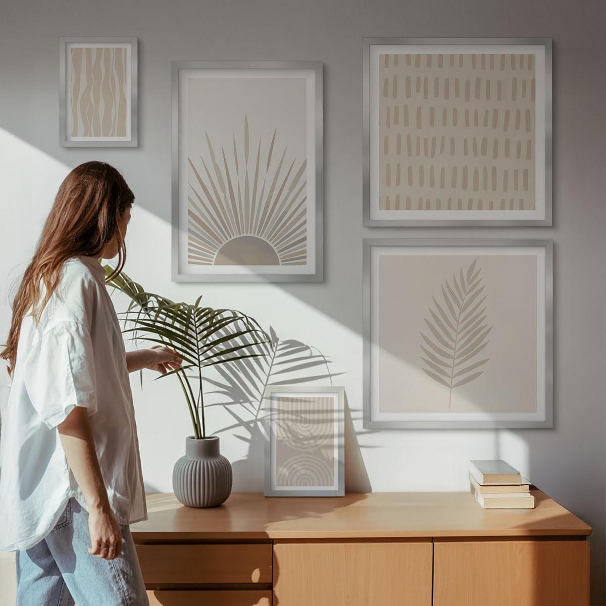 BILDER SET 5er Set - 50x50 cm & 20x30 cm & 40x60 cm Silberner Rahmen - Beige Pflanzenmuster - Silberfarben, Kunststoff (40/60cm) - TULUP