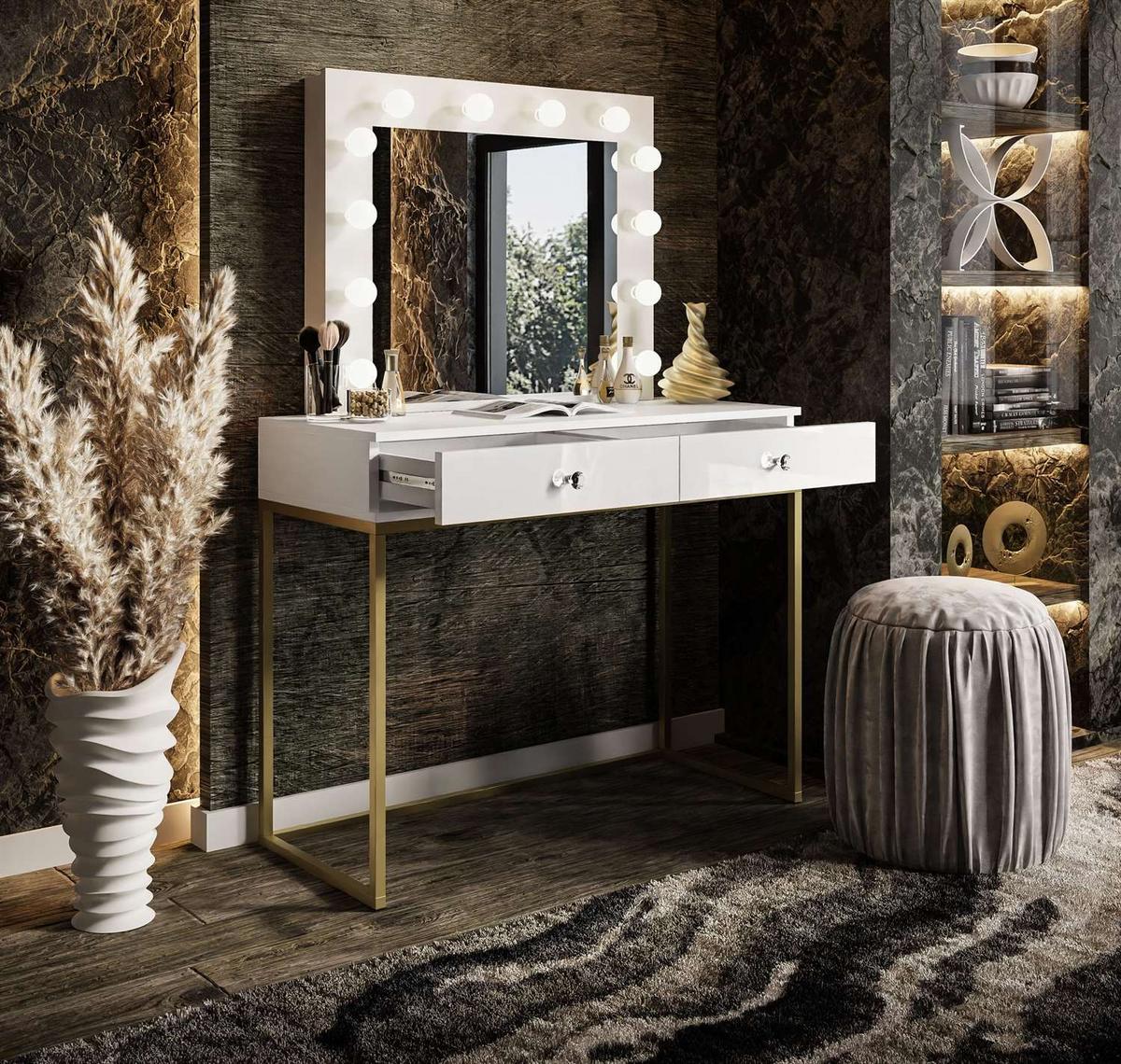 SCHMINKTISCH BLANCO GOLD mit Spiegel und Beleuchtung Weiß Kristallgriff - Goldfarben/Weiß, Holzwerkstoff (100/146/42cm) - Lookway