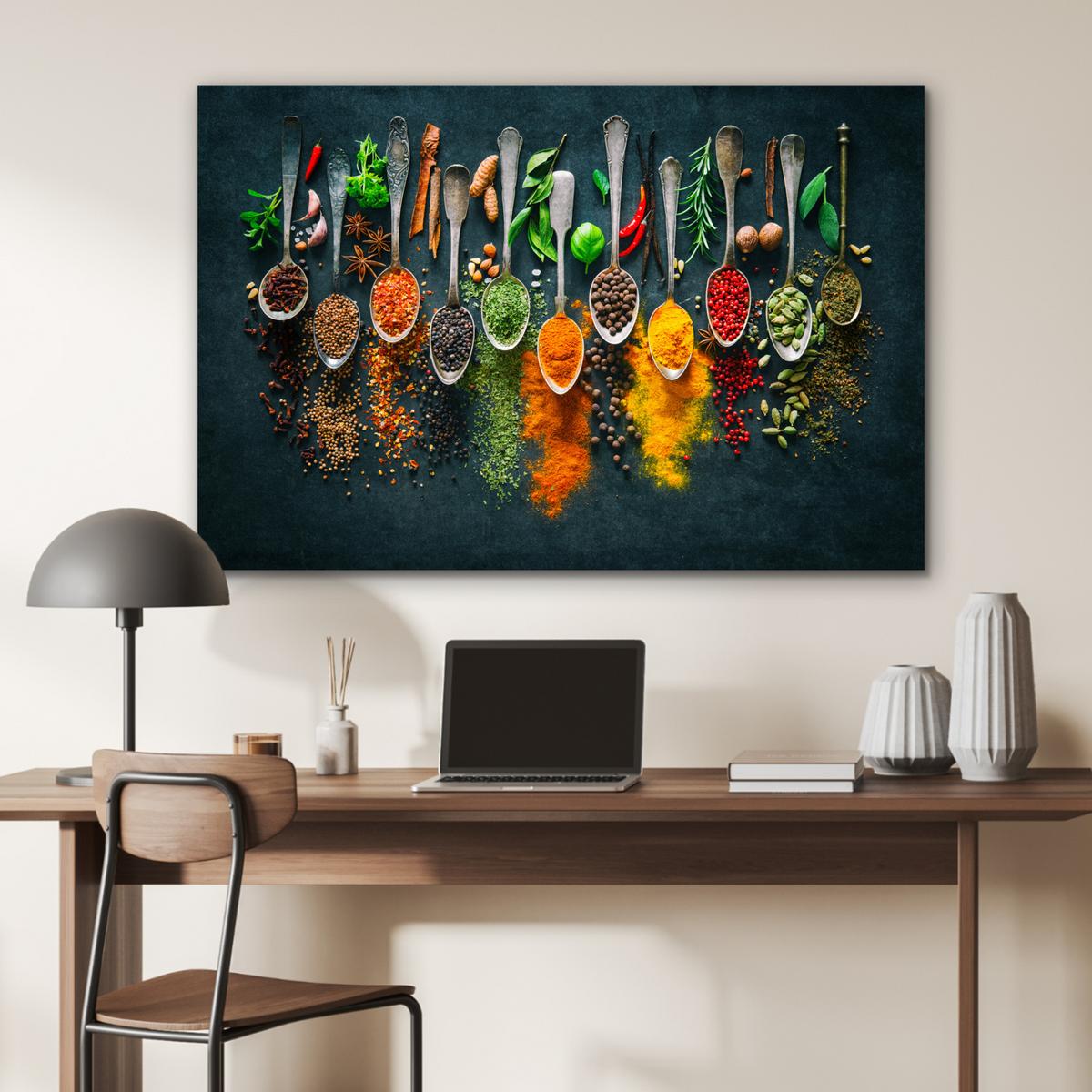 METALLBILD Kräuter - Gewürze - Löffel Deko Groß 120x80 cm - Currygelb, Metall (120/80cm) - MuchoWow