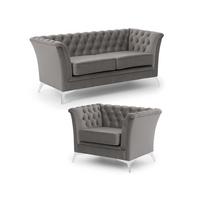 SITZGARNITUR 2+1 Chesterfield Whitby Grau Samt mit silbernen Füßen - Silberfarben/Grau, Holz/Textil (175/78/82cm) - S-Style Möbel