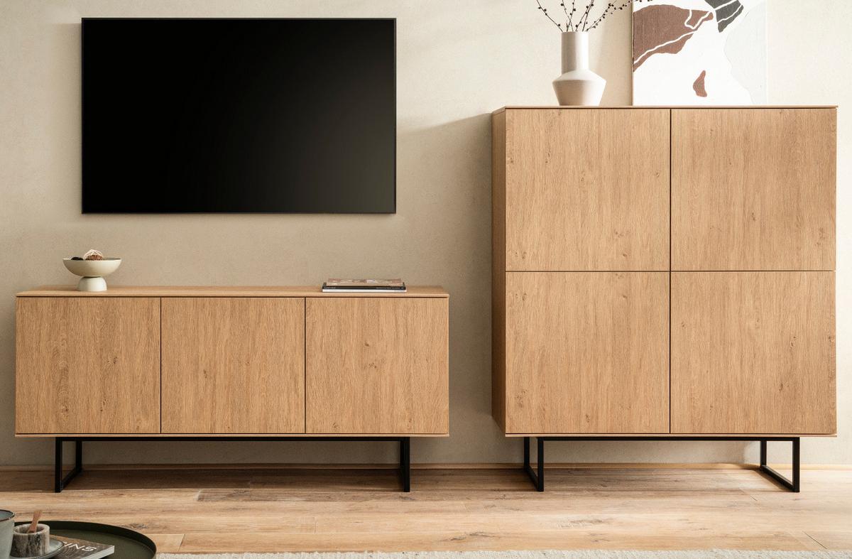 WOHNWAND Stone Eiche, Wohnkombination 2-teilig 280 cm, mit Push-to-Open - Eichefarben/Schwarz, Holzwerkstoff/Metall (280/137/40cm) - Furn.Design