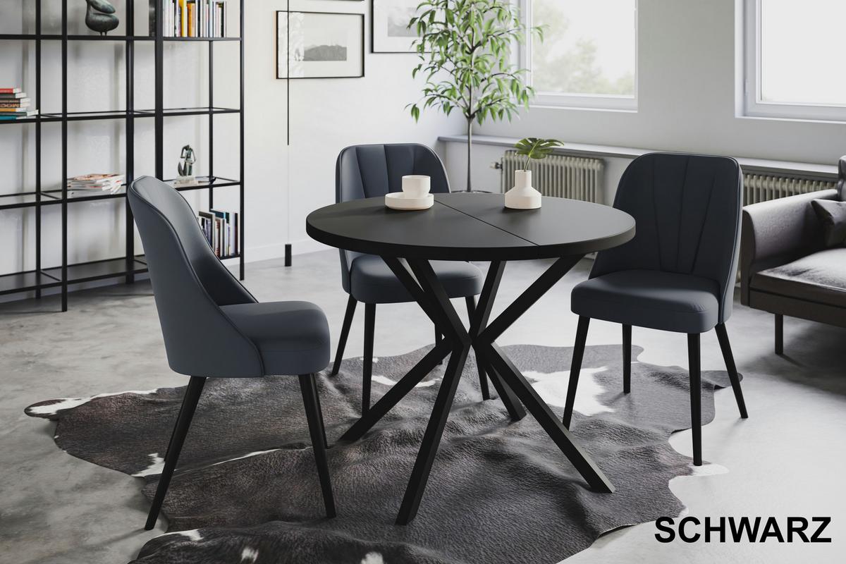 RUNDER Esszimmertisch LOFT LITEN, ausziehbarer Tisch Durchmesser: 100 cm/180 cm, Wohnzimmertisch Farbe: Schwarz, mit Metallbeinen in Farbe Schwarz - Schwarz, Holzwerkstoff (100/100/76cm) - Alpi-Möbel