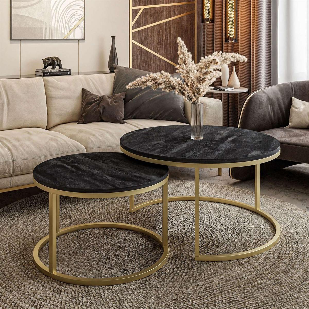 COUCHTISCH 2-in-1 CIRI dunkler Beton matt gold - Goldfarben, Holzwerkstoff (80/80/48cm) - Lookway