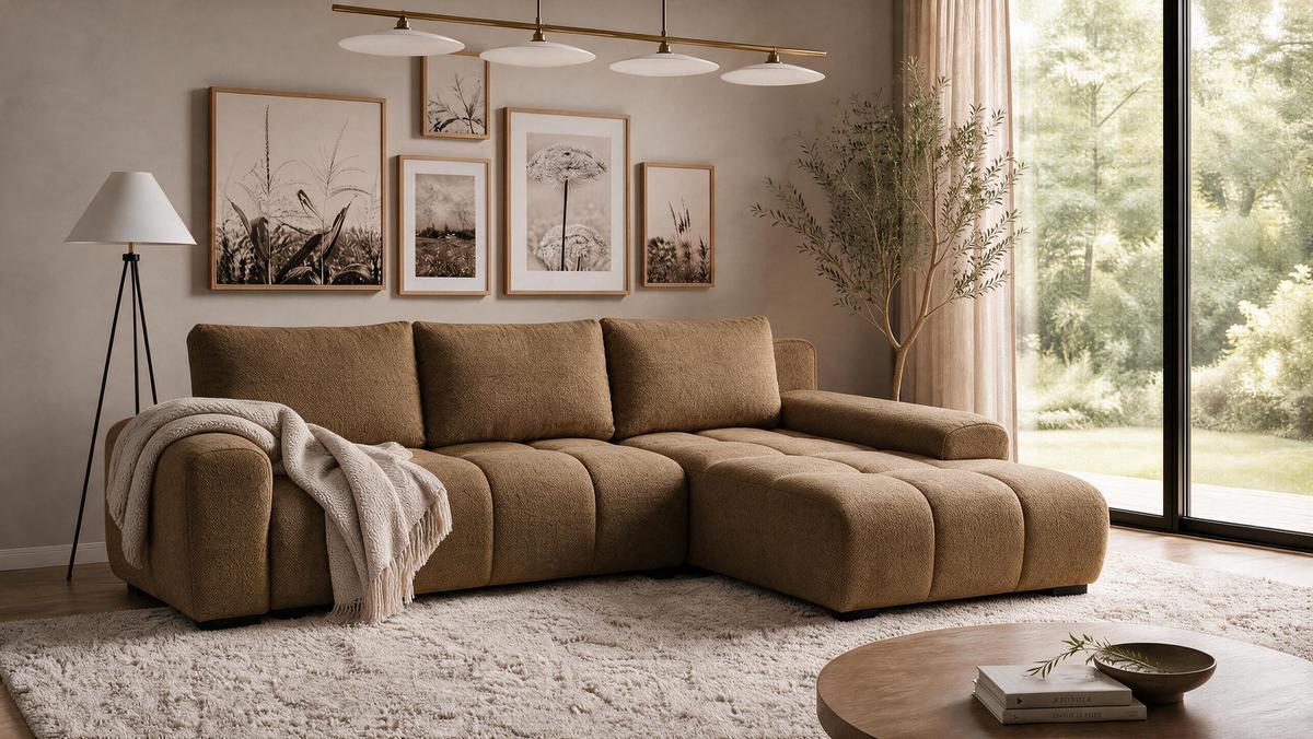 ECKSOFA Ovia mit Bettkasten und Schlaffunktion, Bouclé-Stoff in L-Form - Braun, Textil (270/185cm)