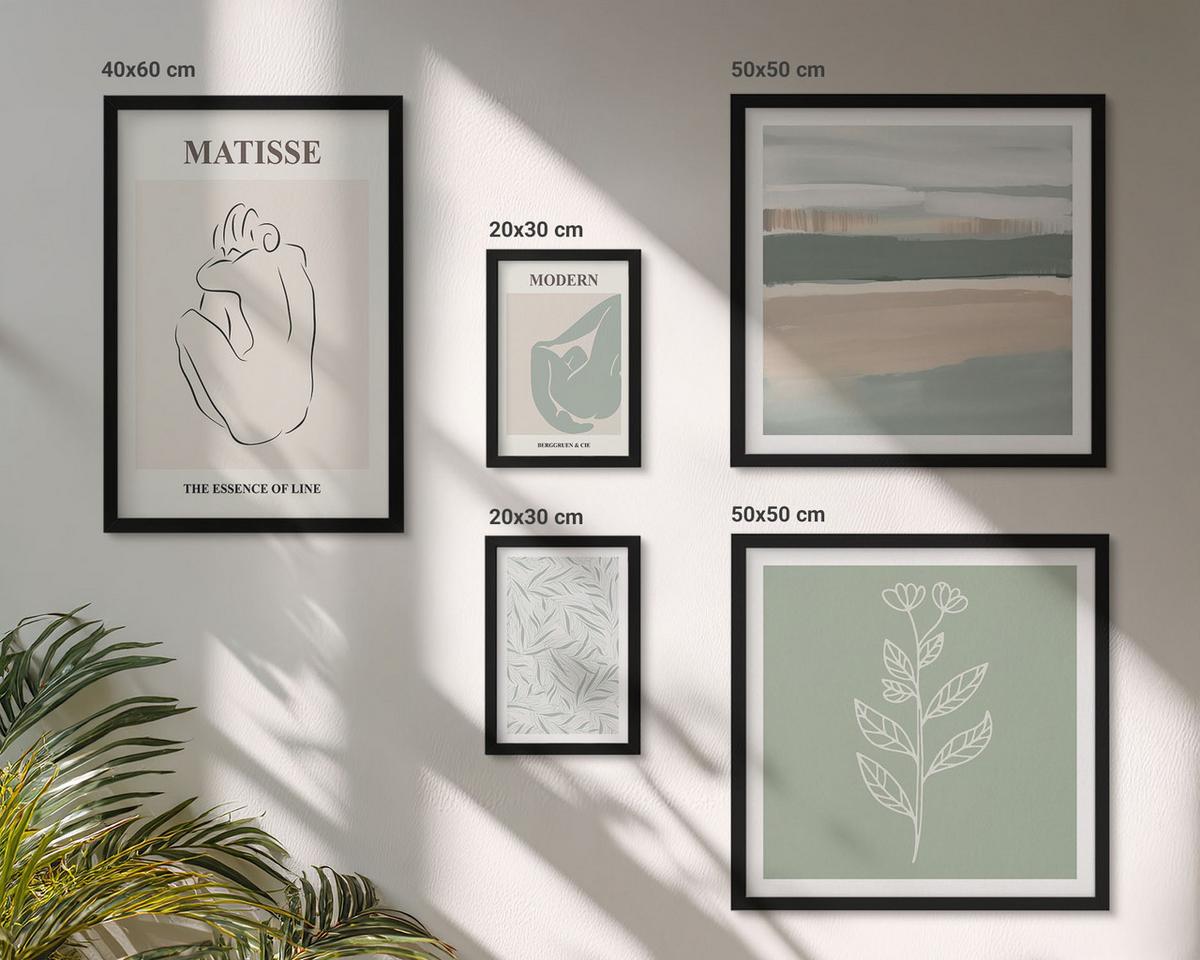BILDER SET 5er Set - 50x50 cm & 20x30 cm & 40x60 cm Schwarzer Rahmen - Abstrakte Pflanzenformen - Schwarz, Kunststoff (40/60cm) - TULUP