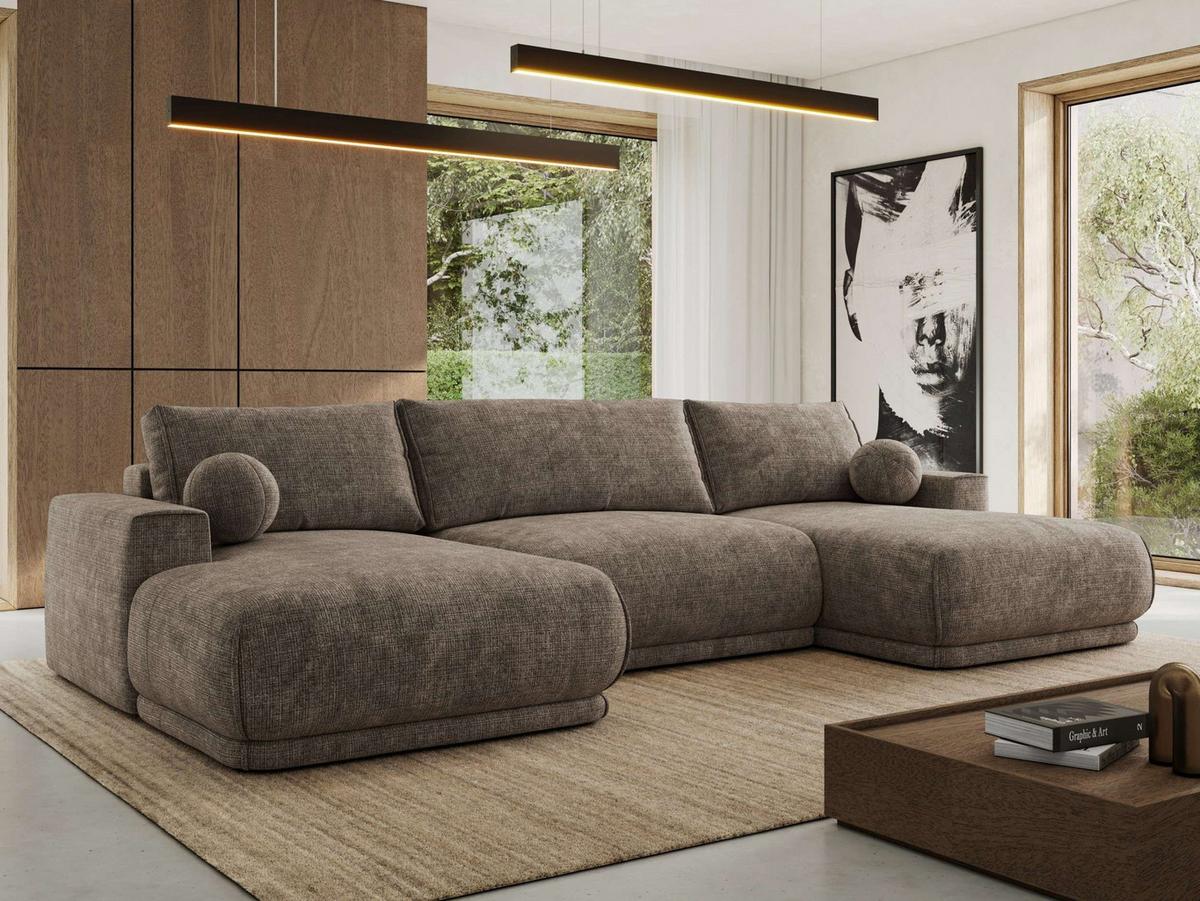 WOHNLANDSCHAFT RINA U Braun Schenille grob gewebt - Schwarz/Braun, Kunststoff/Textil (360/85/170cm) - MKS