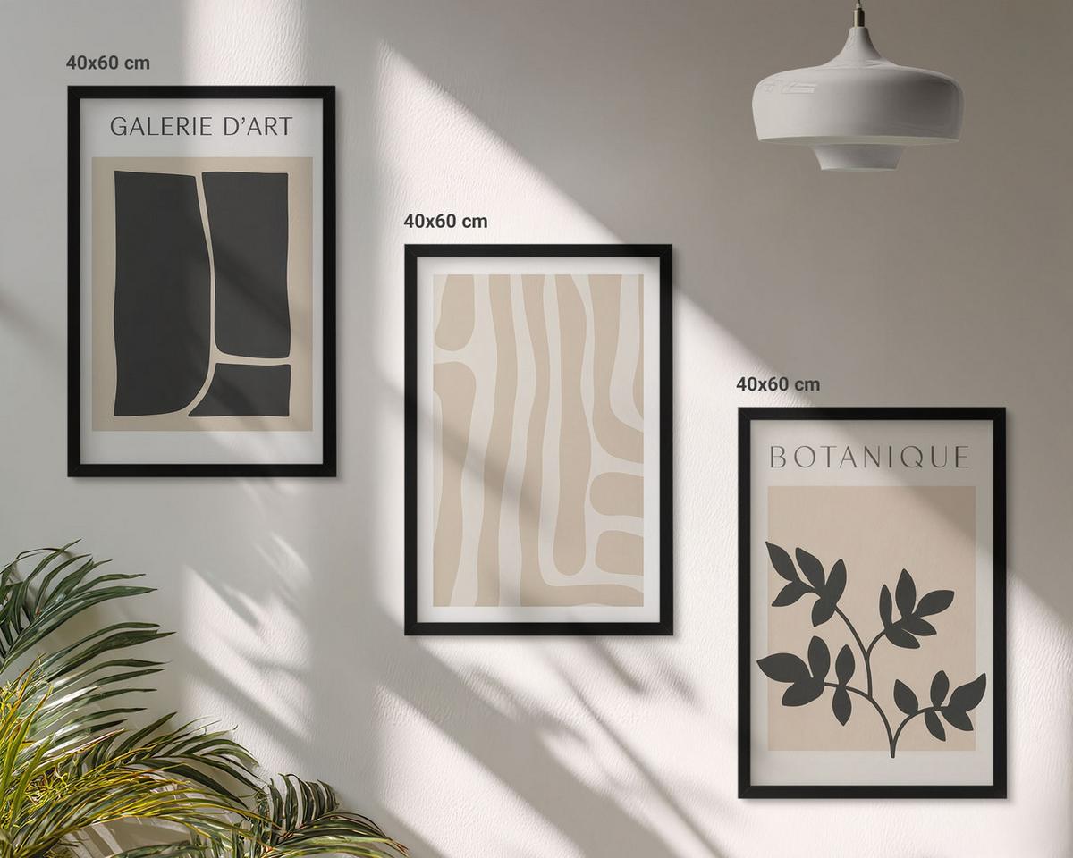 BILDER SET 3er Set - 40x60 cm Schwarzer Rahmen - Abstrakte Pflanzenformen - Schwarz, Kunststoff (40/60cm) - TULUP