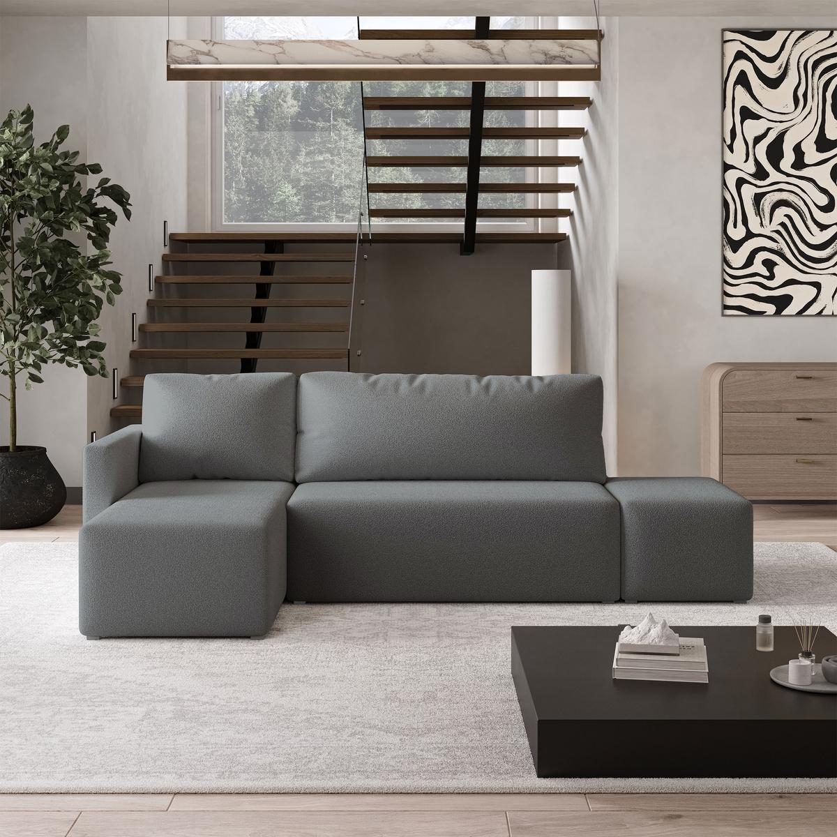 ECKSOFA VELOTTI L-S Grau Boucle-Stoff mit Schlaffunktion - Grau, Holz (261/143cm) - MASSENO