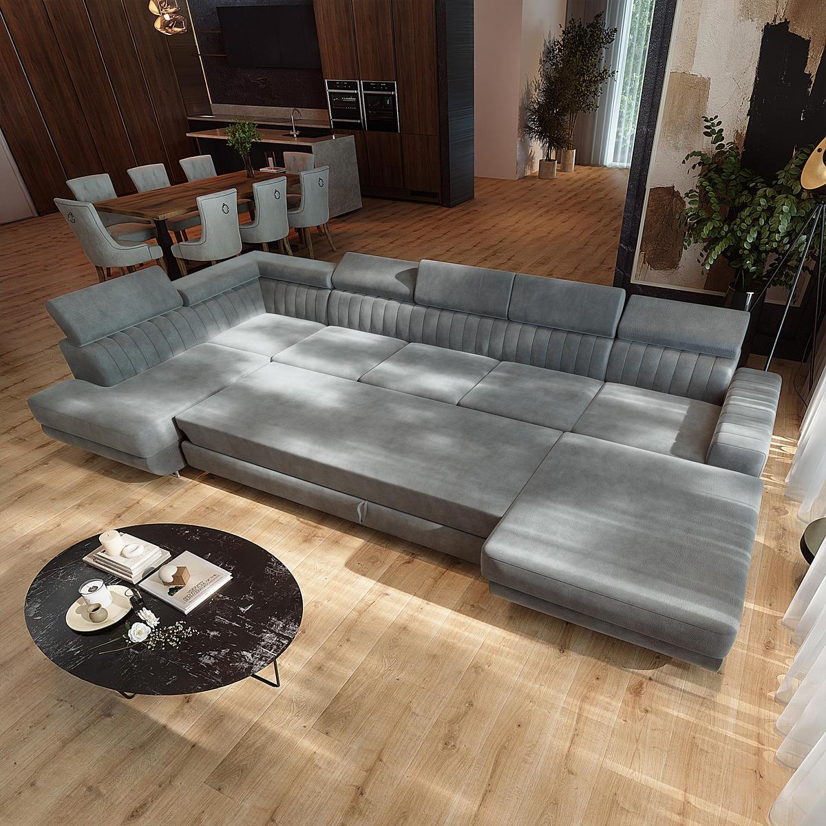 WOHNLANDSCHAFT GAIAN Hellgrau Velours-Stoff mit Schlaffunktion - Hellgrau, Holz (412/88/190cm) - MASSENO