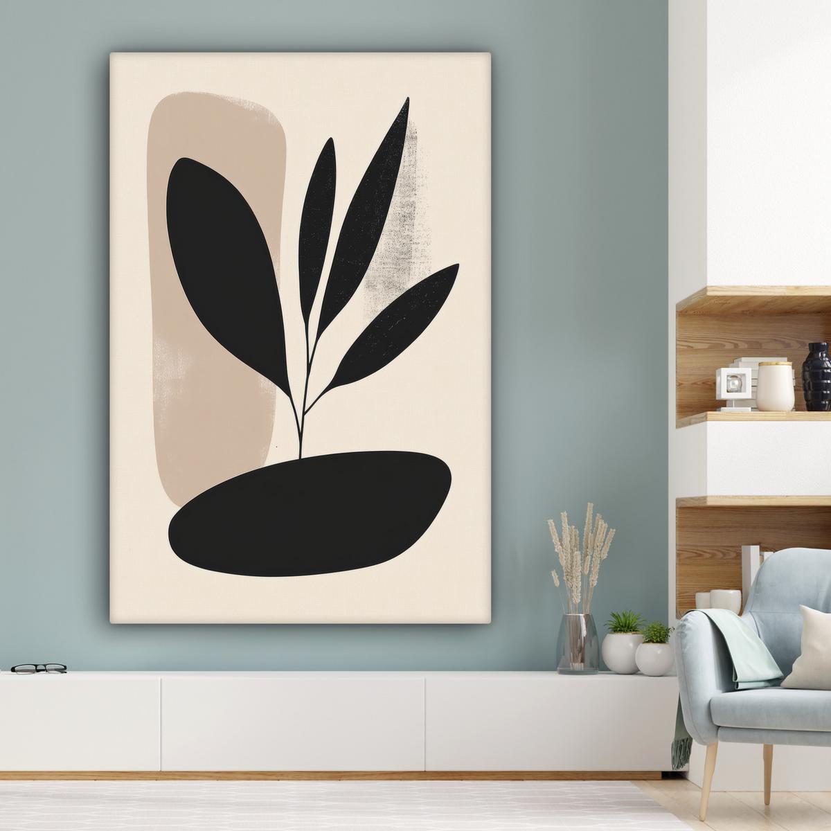 LEINWANDBILD Pflanze - Beige - Japanisch Deko Groß 90x140 cm - Schwarz, Textil (90/140cm) - MuchoWow