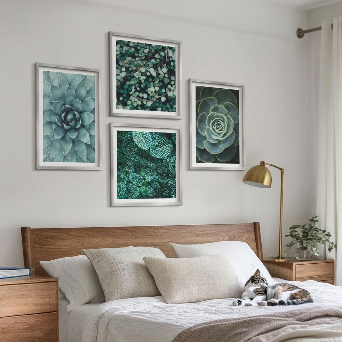 BILDER SET 4er Set - 50x50 cm & 40x60 cm Silberner Rahmen - Sukkulenten in Grün und Türkis - Silberfarben, Kunststoff (50/50cm) - TULUP