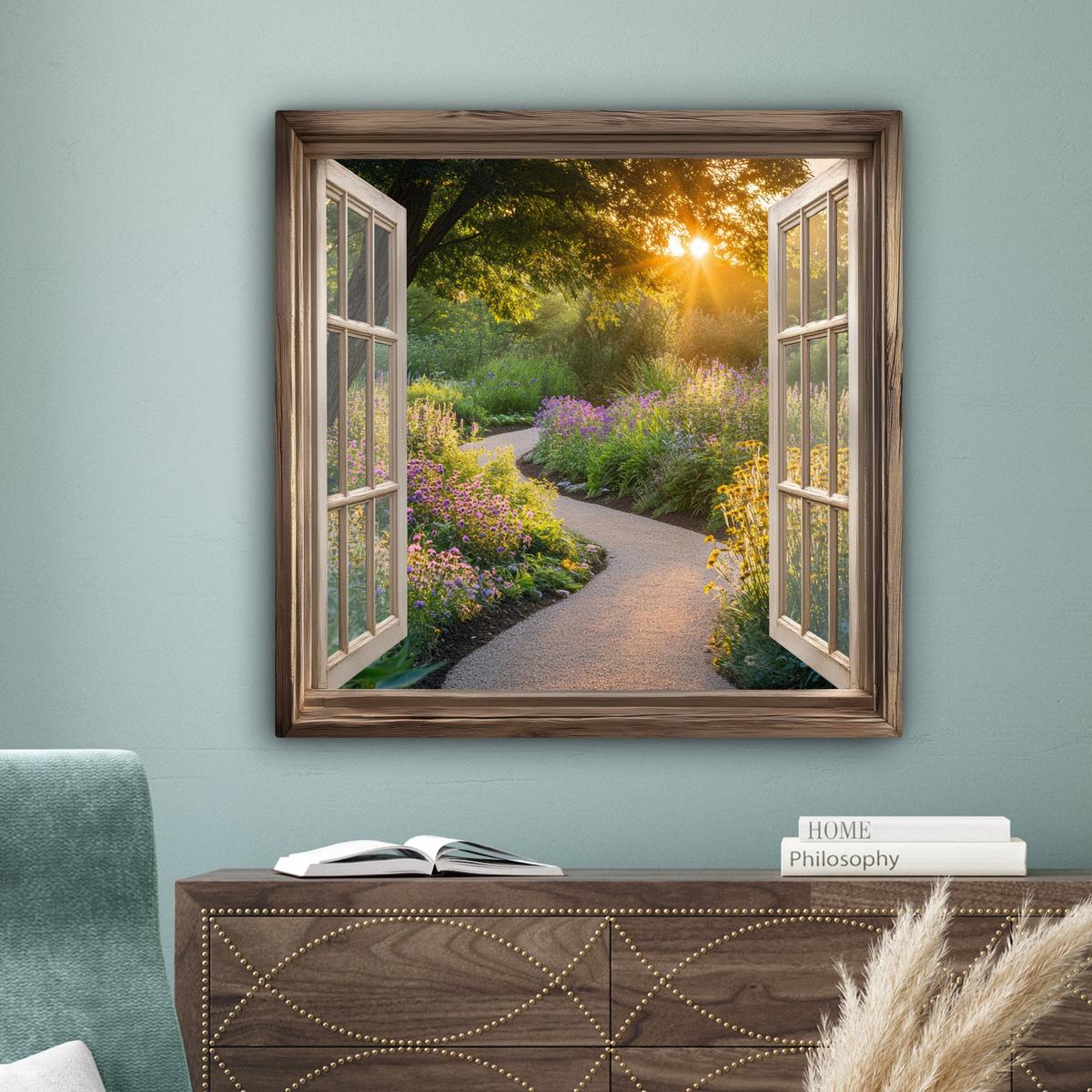 LEINWANDBILD Aussicht - Blumen - Natur - Sonne - Weg Deko Groß 90x90 cm - Hellgelb, Textil (90/90cm) - MuchoWow
