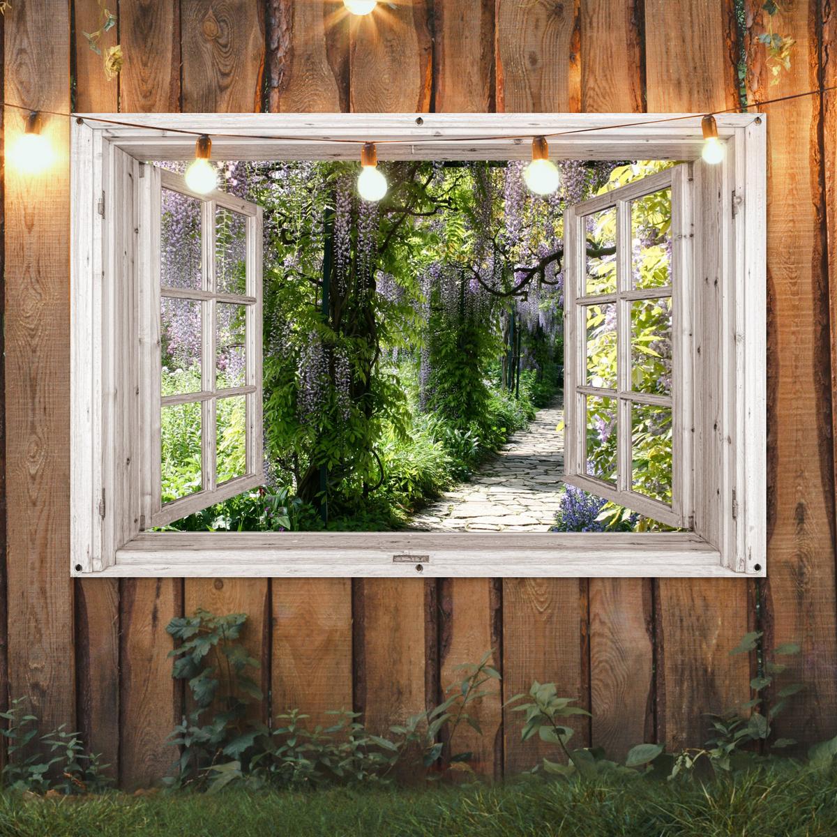 GARTENPOSTER Blauer Regen - Blumen - Aussicht - Baum - Frühling Poster für draußen 180x120 cm - Beige, Kunststoff (180/120/0.2cm) - OnlyWow