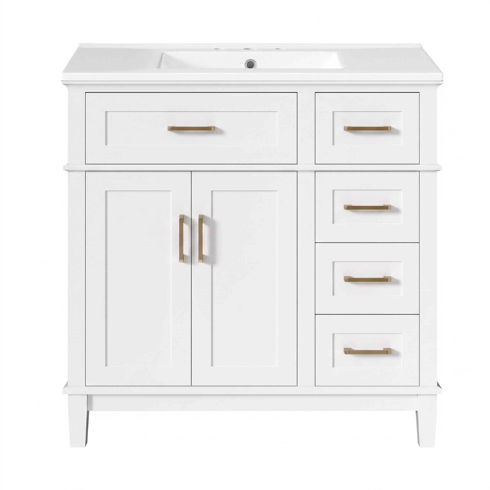 WASCHTISCH Weiß mit Goldgriffen, 5 Schubladen, Türregal & Keramikbecken 90cm - Weiß, Holzwerkstoff (90/87/46cm) - Urban Meuble