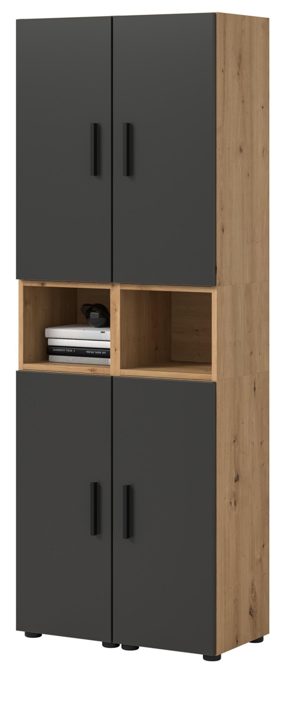 STAURAUMSCHRANK grau, Eiche Artisan 65 x 178 cm, Mehrzweckschrank mit viel Stauraum - Schwarz/Eiche Artisan, Holzwerkstoff/Kunststoff (65/178/34cm) - Inn.Furn