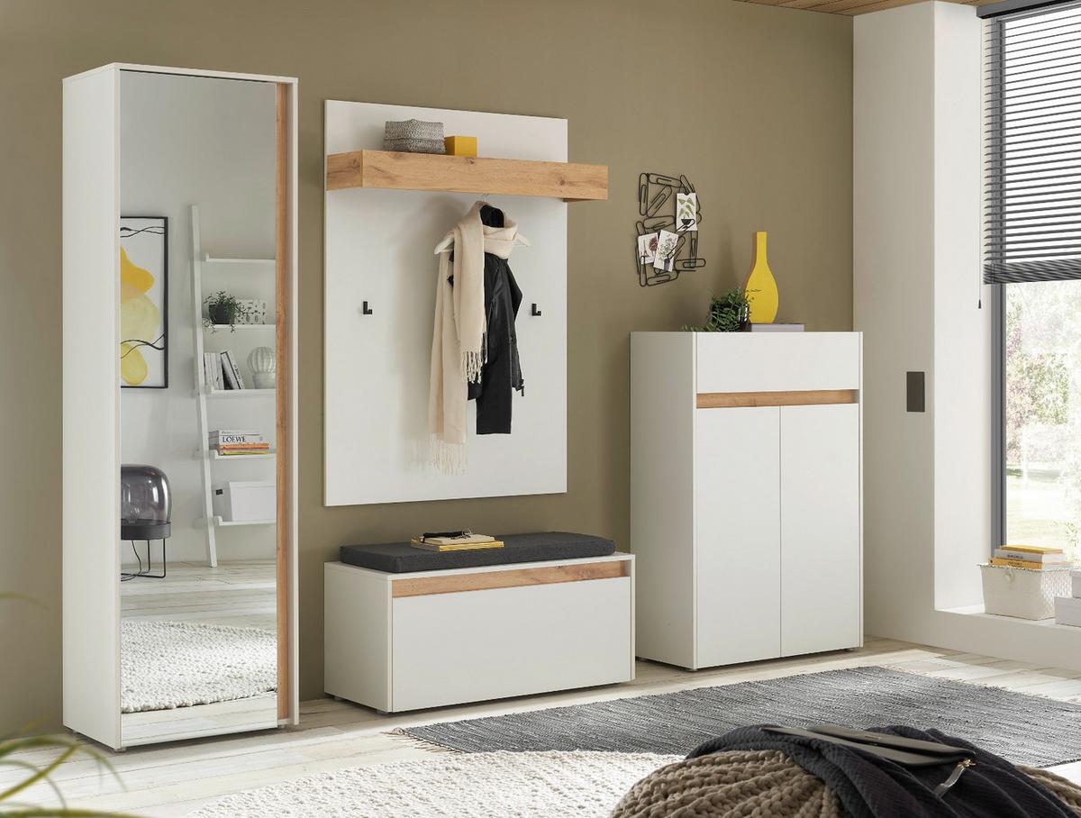 GARDEROBEN-SET 5-teilig weiß matt, Eiche Wotan 265 cm, Flurgarderobe mit viel Stauraum - Eiche Wotan/Schwarz, Glas/Holzwerkstoff (265/200/40cm) - Furn.Design