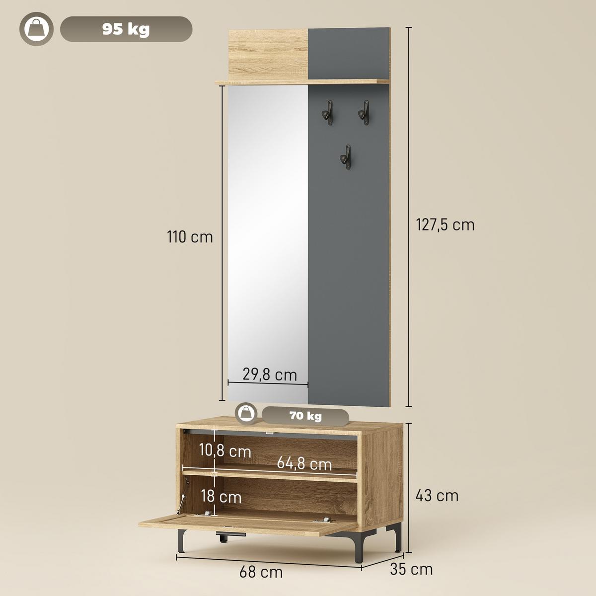 GARDEROBE-SET MDF Spiegel Naturholz - Schwarz/Naturfarben, Holzwerkstoff/Metall (13.5/127.5/60cm) - HOMCOM