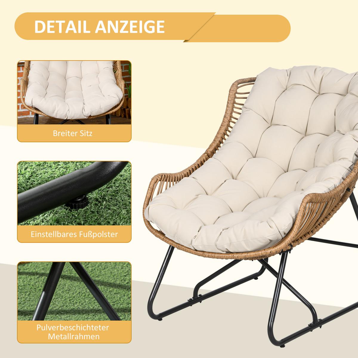 GARTENSESSEL mit dickem Sitzkissen, Stahl, Khaki, 75 x 101 x 90 cm - Braun, Kunststoff (75/90/101cm) - Outsunny