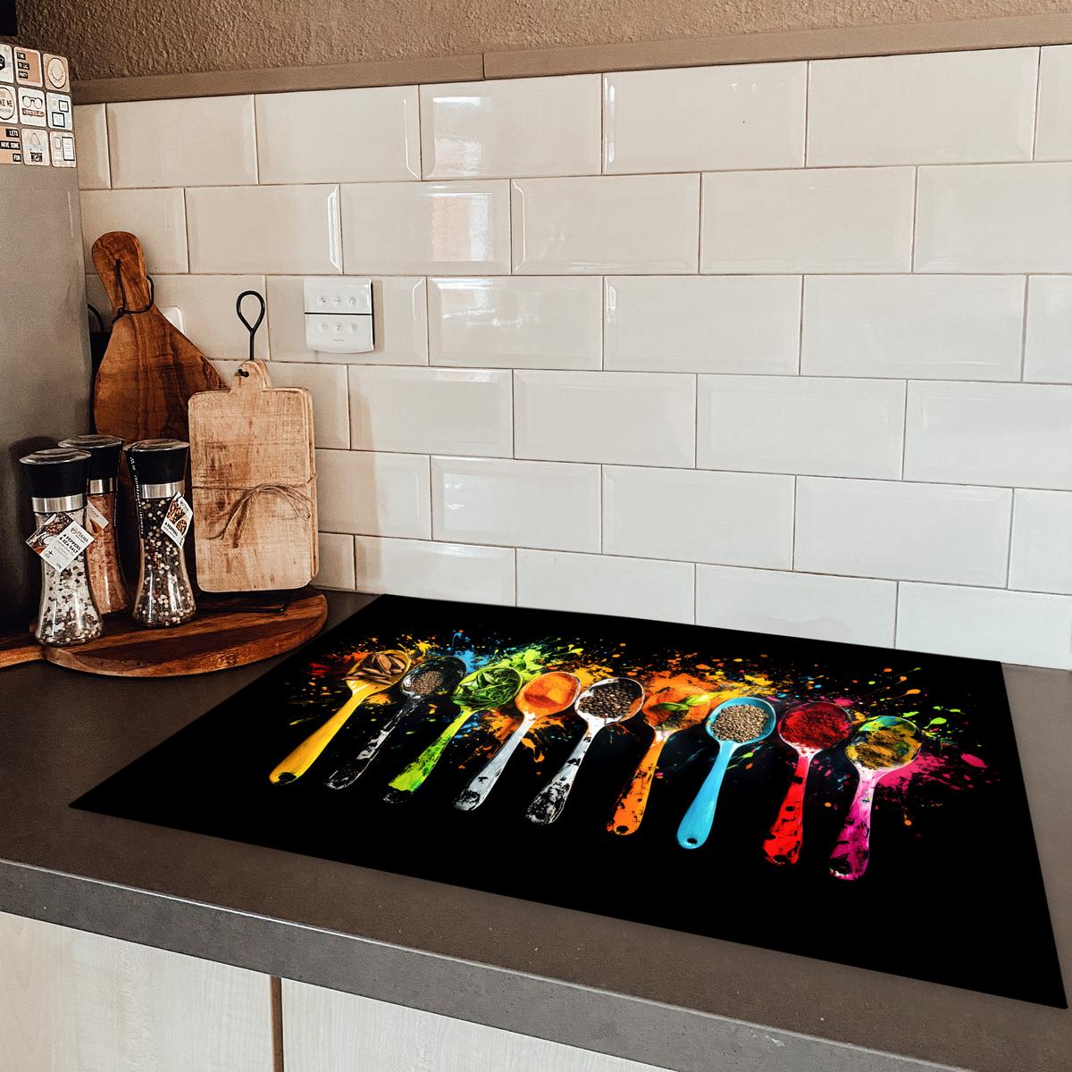 HERDABDECKPLATTE Löffel - Gewürze - Modern - Graffiti - Farbe - Farbenfroh Herdabdeckung Induktionsfeld 75x52 cm - Multicolor, Kunststoff (75/52/0.2cm) - MuchoWow