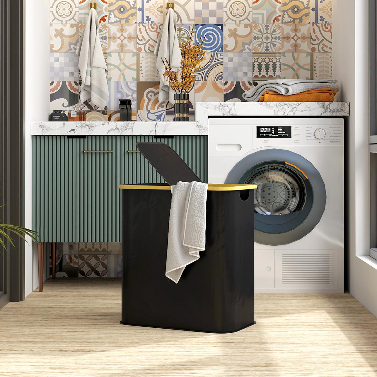 WÄSCHESORTIERER Bambus Vliesstoff Schwarz - Schwarz, Textil (34/58.5/54cm) - HOMCOM