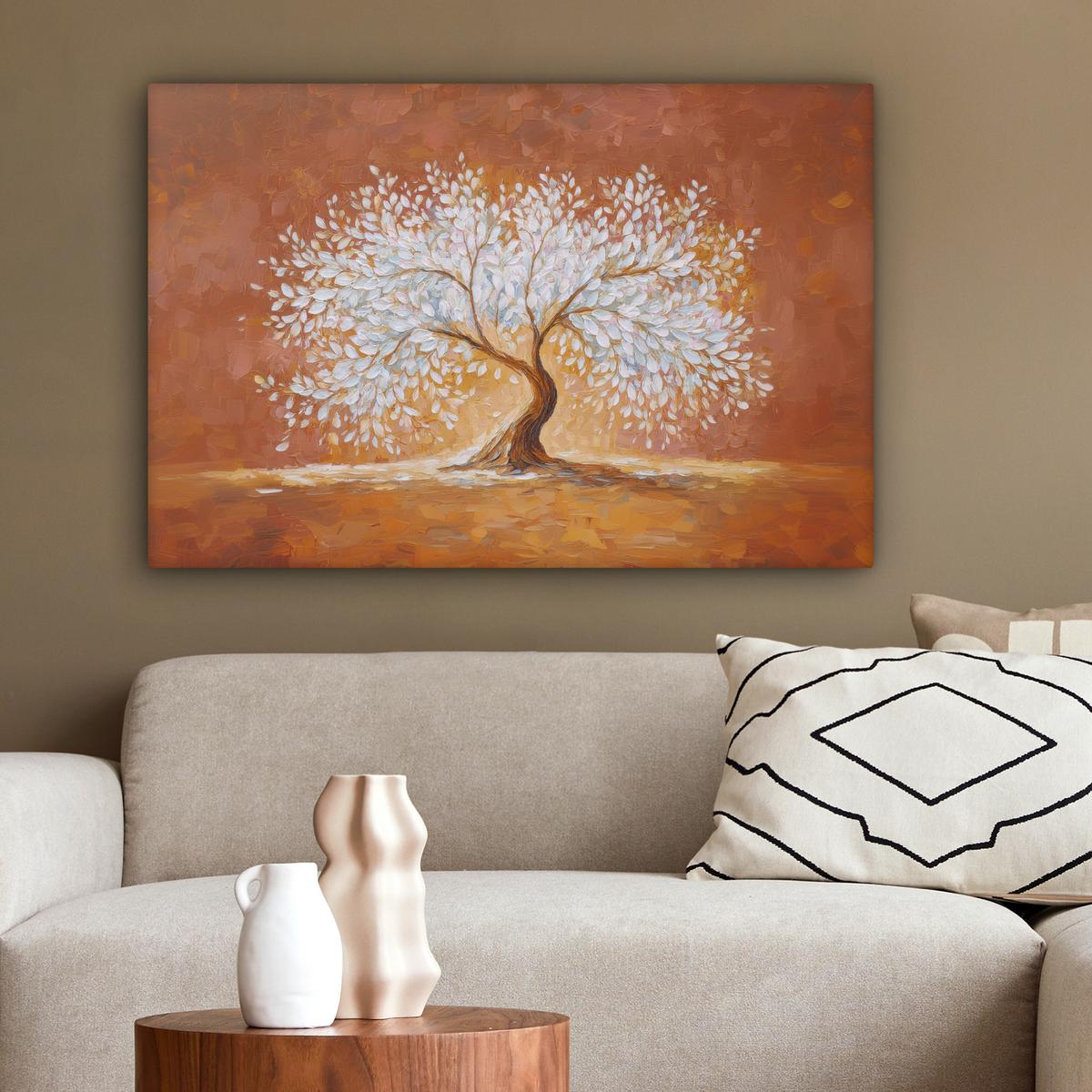 LEINWANDBILD Abstrakt - Baum - Weiß - Blätter Wanddeko 90x60 cm - Braun, Textil (90/60cm) - MuchoWow