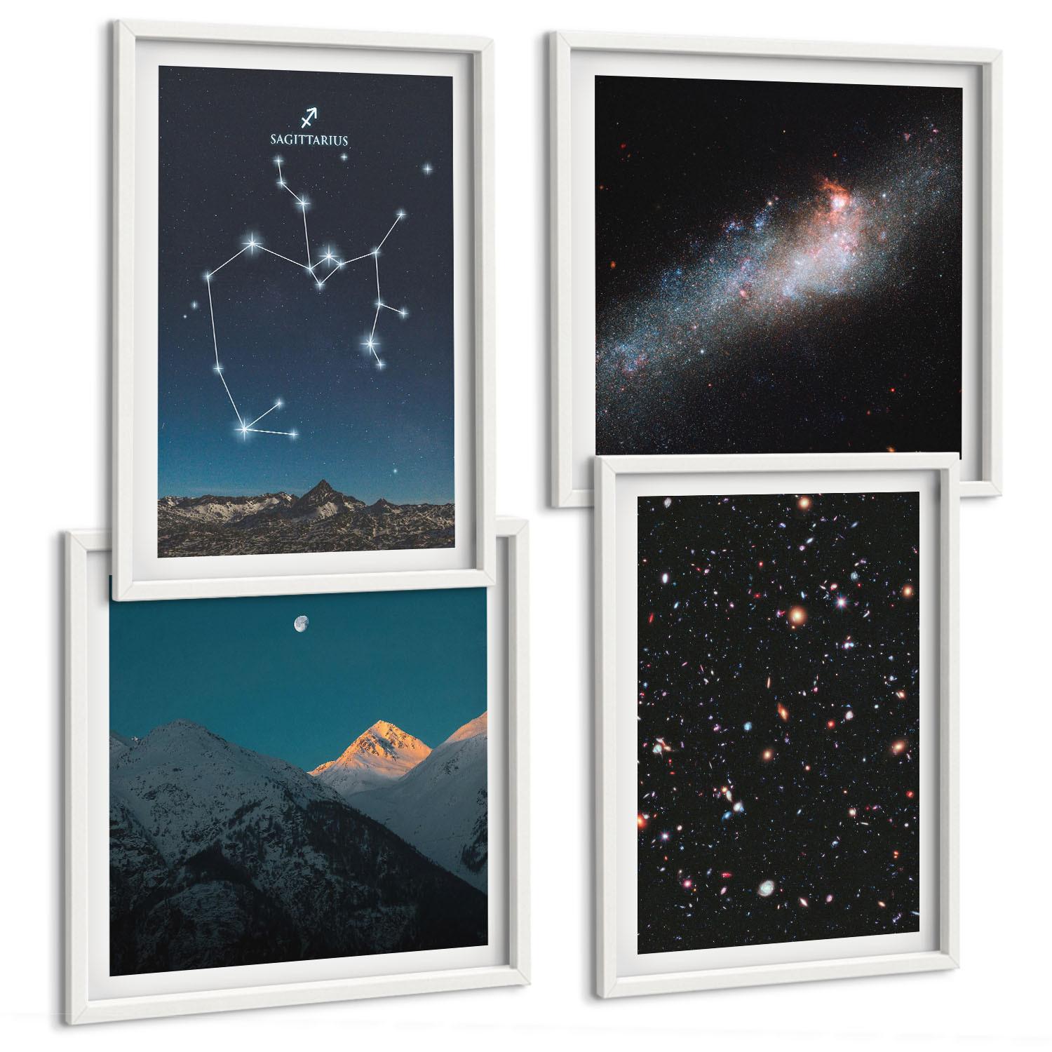 BILDER SET 4er Set - 50x50 cm & 40x60 cm Weißer Rahmen - Galaxien, Sternbilder, Weltraum, Schütze - Weiß, Kunststoff (50/50cm) - TULUP