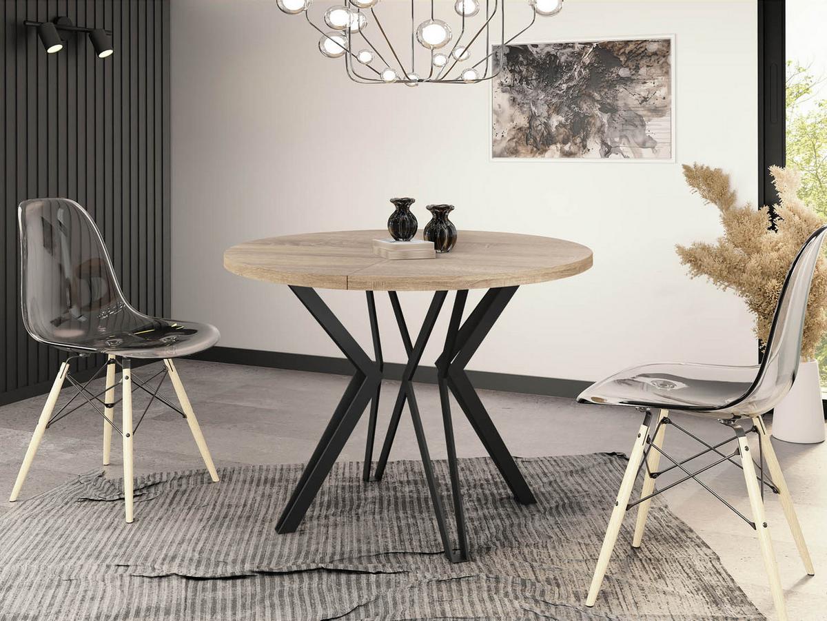 ESSTISCH Revena runder ausziehbarer, Sonoma Eiche 120-200/120/76 cm - Schwarz/Sonoma Eiche, Holzwerkstoff/Metall (120/200/76cm) - WFL GROUP