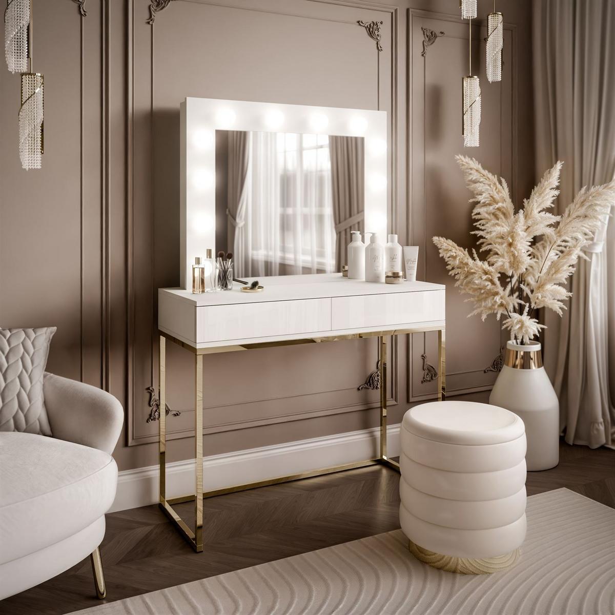 SCHMINKTISCH BLANCO mit Spiegel und Beleuchtung Gold Chrom Weiß Hochglanz PUSH OPEN - Weiß Hochglanz/Goldfarben, Holzwerkstoff (100/146/42cm) - Lookway