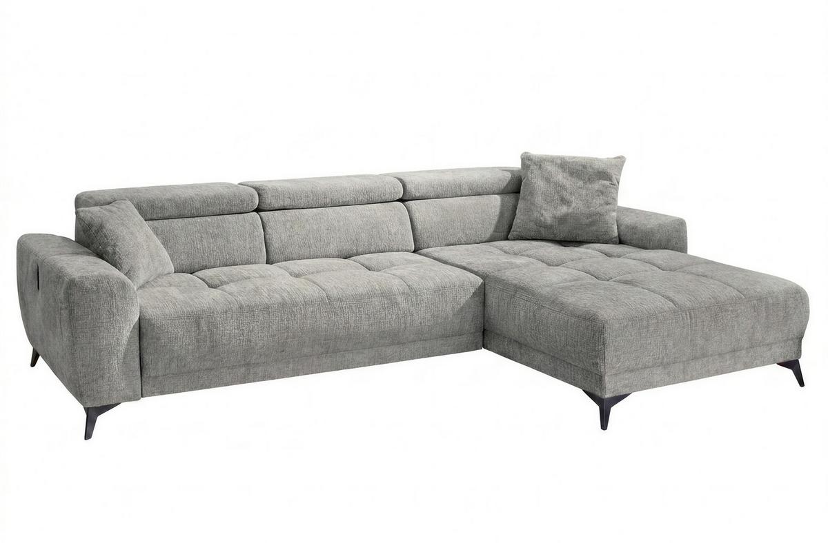 ECKSOFA mit elektrischer Sitztiefenverstellung, Kopflehnen verstellbar, USB-A und USB-C Ladefunktion B299/T200/H107 cm, Chenille Hellgrau / 15420 - Hellgrau/Schwarz, Holzwerkstoff/Textil (299/200cm) - luma-home