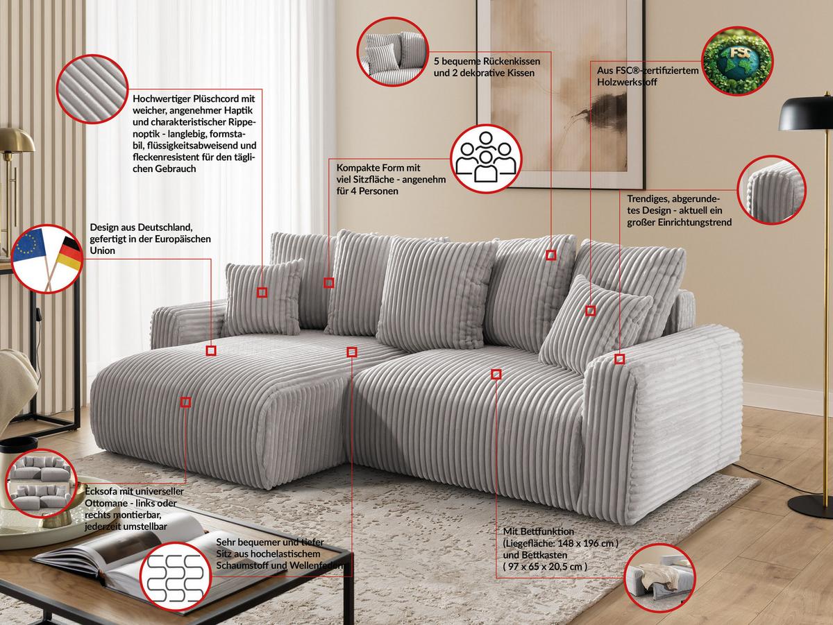 ECKSOFA Calma mit Schlaffunktion und Bettkasten im Bumpy-Design aus weichem Hellgrau Plüschcord - Ottomane links - Hellgrau/Schwarz, Holz/Kunststoff (239/140cm) - S-Style