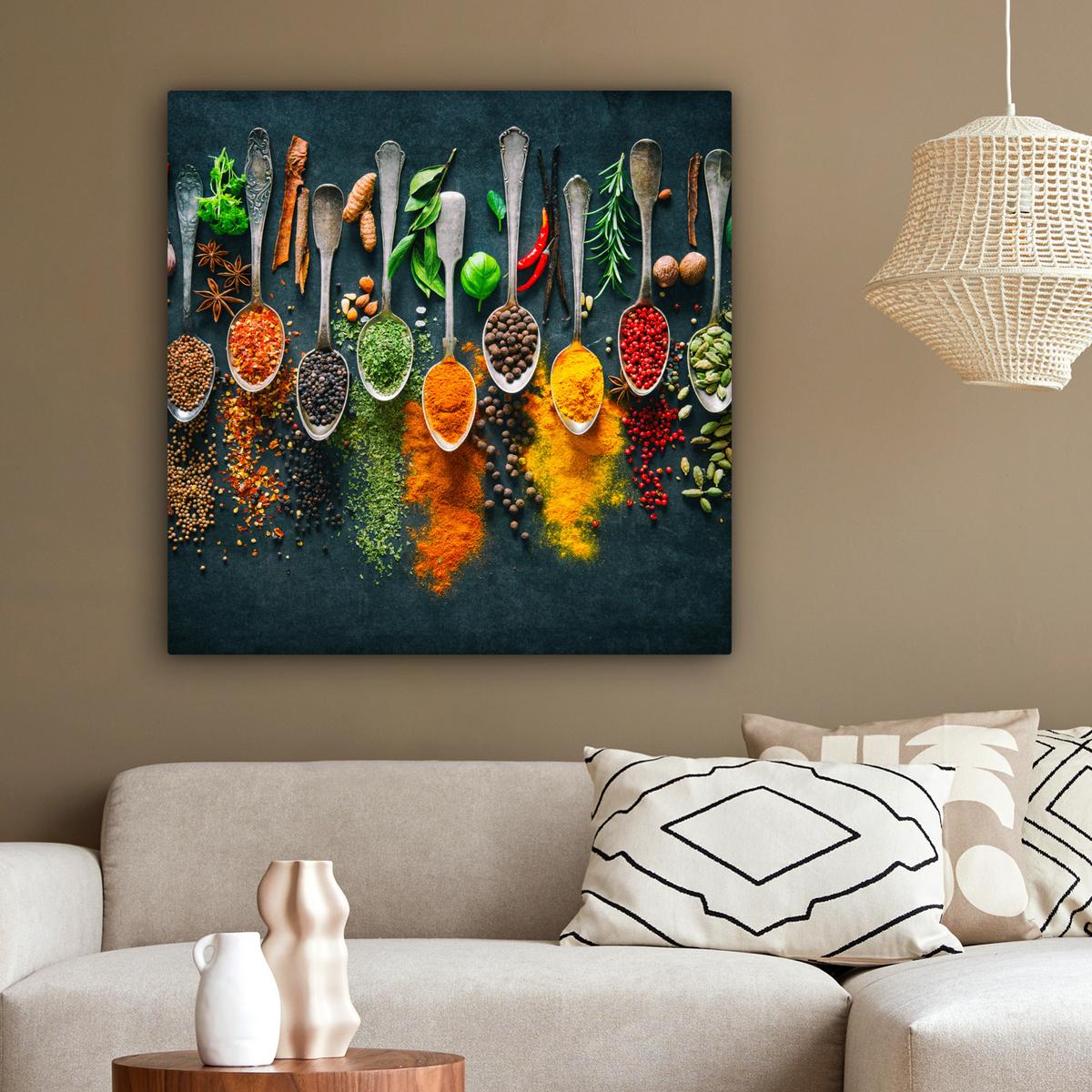 LEINWANDBILD Kräuter - Gewürze - Löffel Deko Groß 90x90 cm - Currygelb, Textil (90/90cm) - MuchoWow