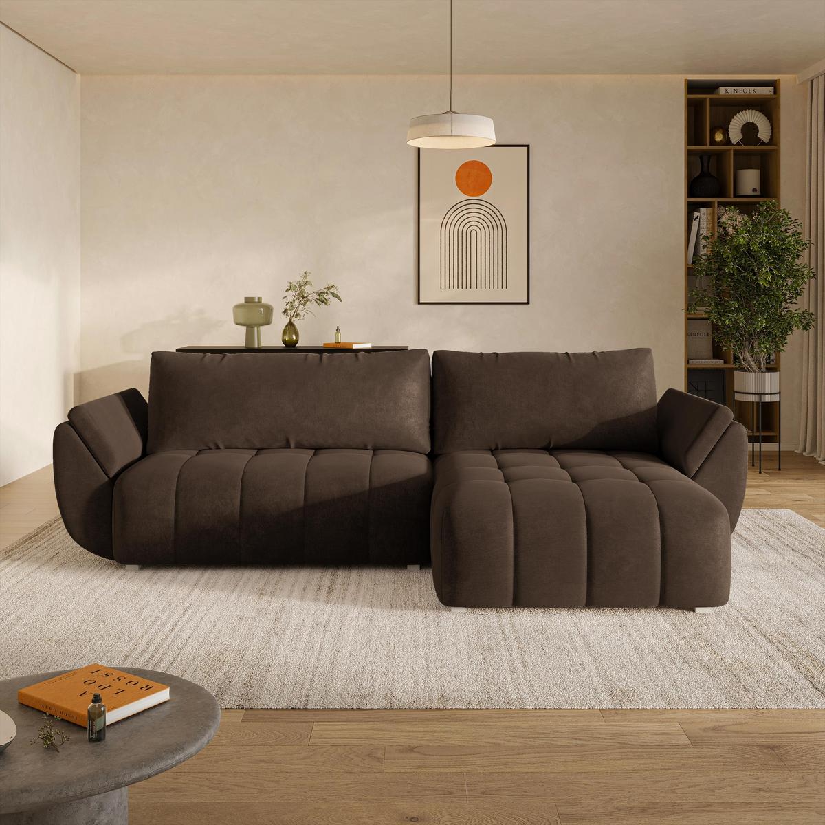 ECKSOFA OLSI Braun Velours-Stoff mit Schlaffunktion - Braun, Holz (285/148cm) - MASSENO