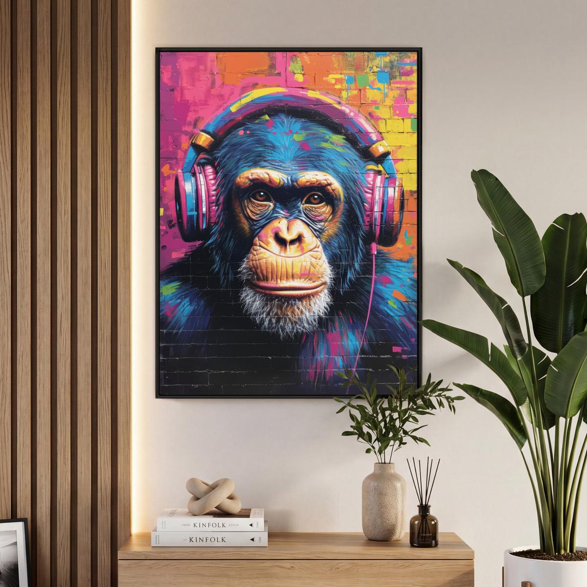 LEINWAND Bilder mit Rahmen - Graffiti - Schimpanse - Straßenkunst - Kopfhörer - Affe - 70x100 - Blau, Textil (70/100cm) - MuchoWow