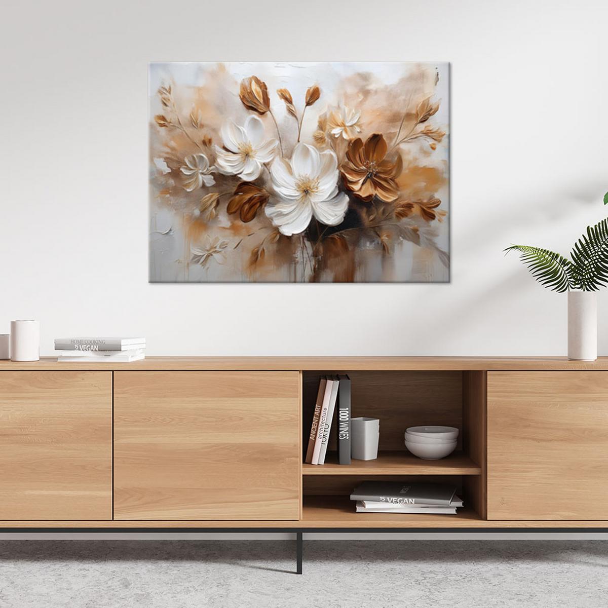 WANDBILD weiß und braun bemalte wildblumen - Beige, Textil (90/60cm) - Feeby