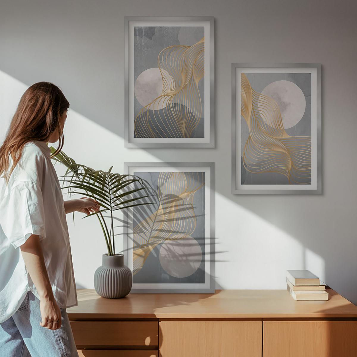 BILDER SET 3er Set - 40x60 cm Silberner Rahmen - Abstrakte Muster Wellen Kreise - Silberfarben, Kunststoff (40/60cm) - TULUP