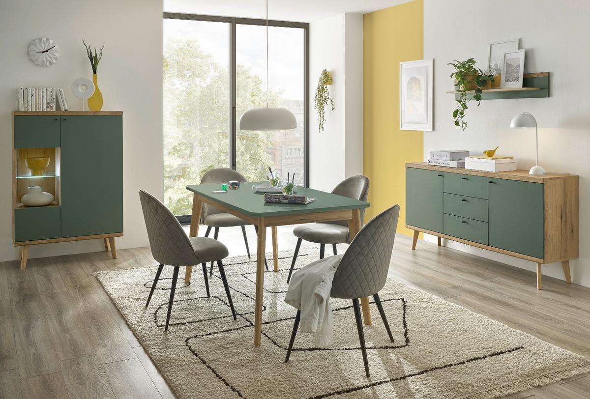 HIGHBOARD Salbei, Eiche Evoke, skandinavisch 90 x 134 cm, Kommode 2-türig mit Glaselement - Salbeigrün/Eichefarben, Glas/Holz (90/134/40cm) - Furn.Design