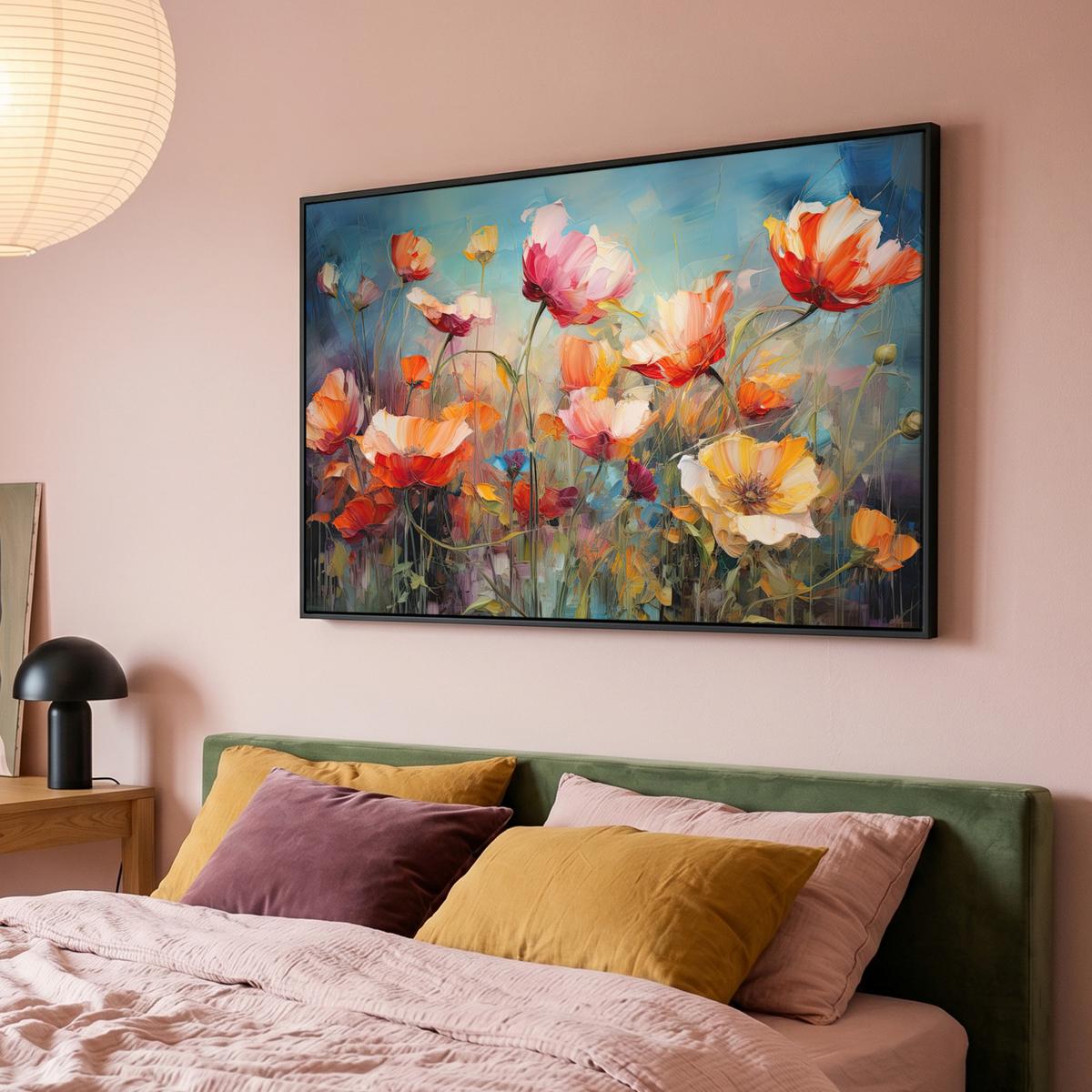 LEINWAND Bilder mit Rahmen - Blumen - Aquarell - Kunst - Botanisch - Natur - 140x90 - Orange, Textil (140/90cm) - MuchoWow