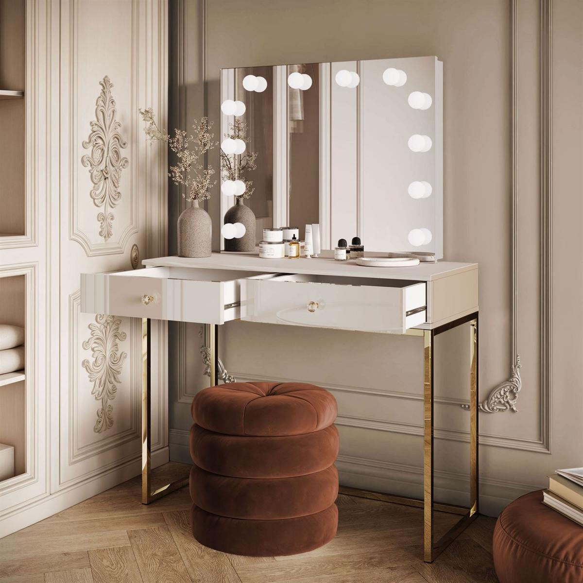 SCHMINKTISCH BLANCO KASCHMIR ELITE mit Spiegel und Beleuchtung goldener Chrom Kristallgriff - Beige, Holzwerkstoff (100/81/42cm) - Lookway