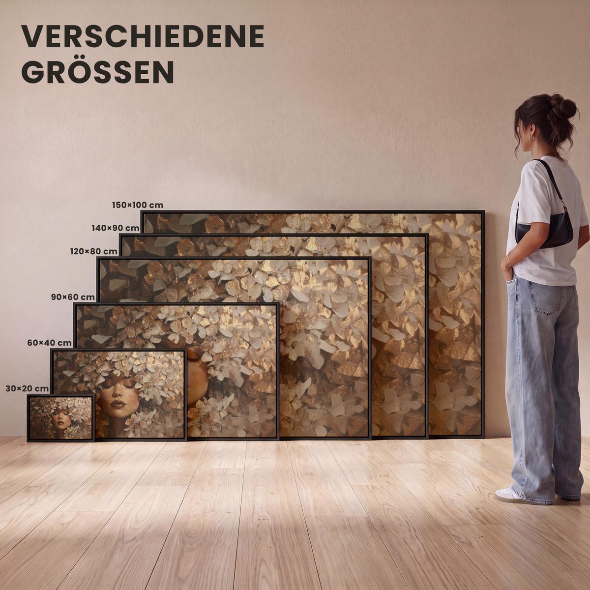 LEINWAND Bilder mit Rahmen - Gesicht - Dame - Blätter - Pinselstriche - 140x90 - Goldfarben, Textil (140/90cm) - MuchoWow