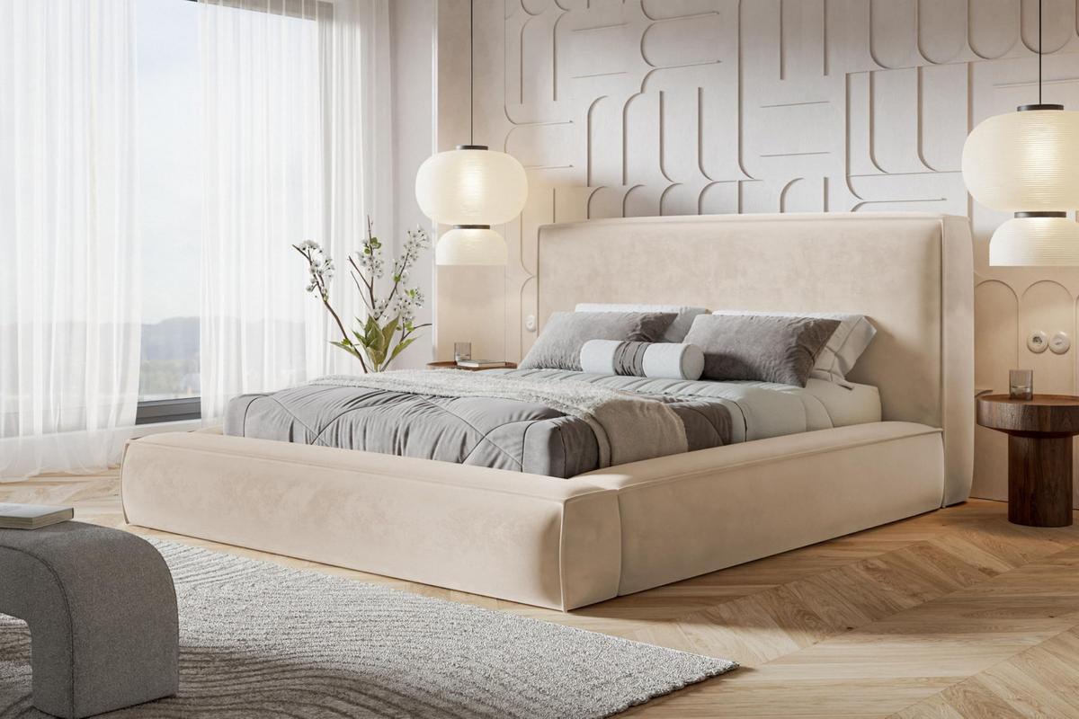 BETT 180x200 - Polsterbett mit Bettkasten und Metallrahmen - Modern Bett - Eleganter Amor-Velvet-Stoff - Kollektion Luna Maxi - Beige - Beige, Holz/Textil (180/200cm) - Alpi-Möbel