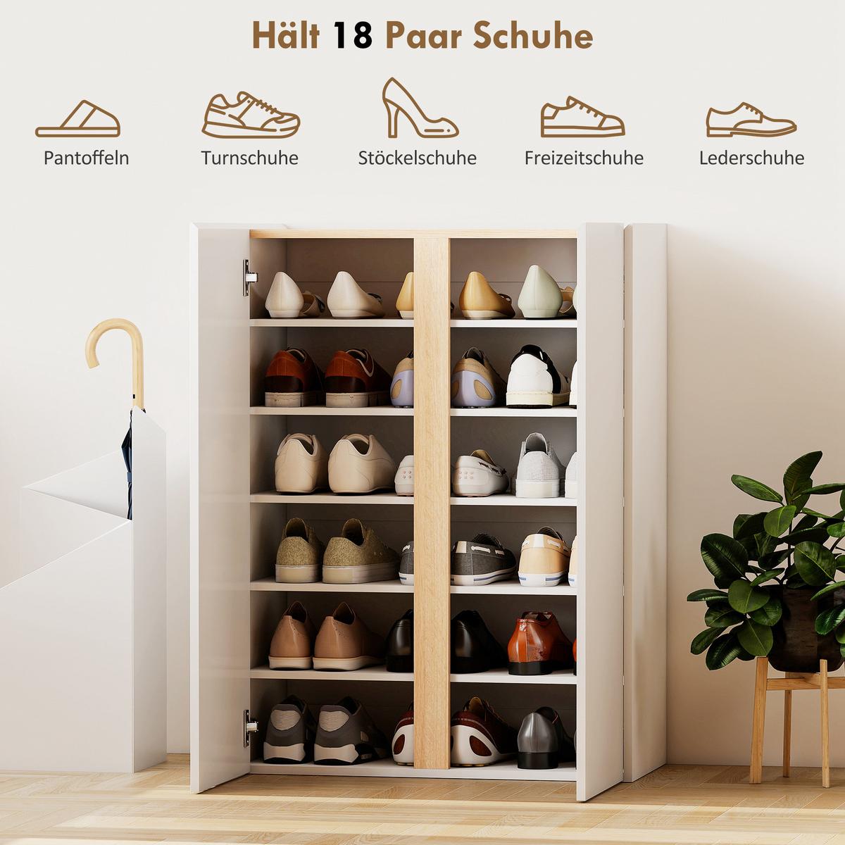 SCHUHSCHRANK mit 2 Hochglanz Türen Schuhregal mit 6 Verstellbaren Fächern, Weiß - Weiß Hochglanz/Weiß, Holzwerkstoff/Kunststoff (70/95/33.5cm) - HOMCOM