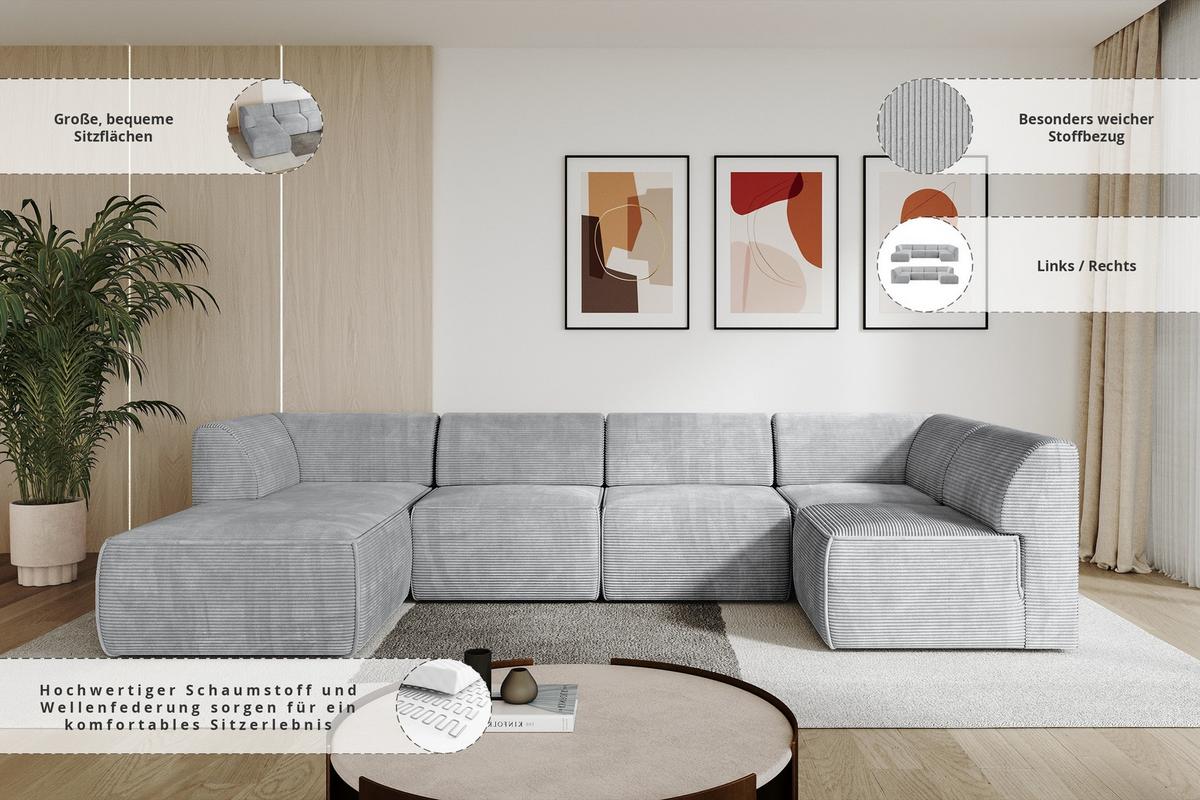 WOHNLANDSCHAFT Ottomane Links MOVO-L 345x180x78 cm Grau Cord - Grau, Holzwerkstoff/Kunststoff (345/78/180cm) - ALTDECOR