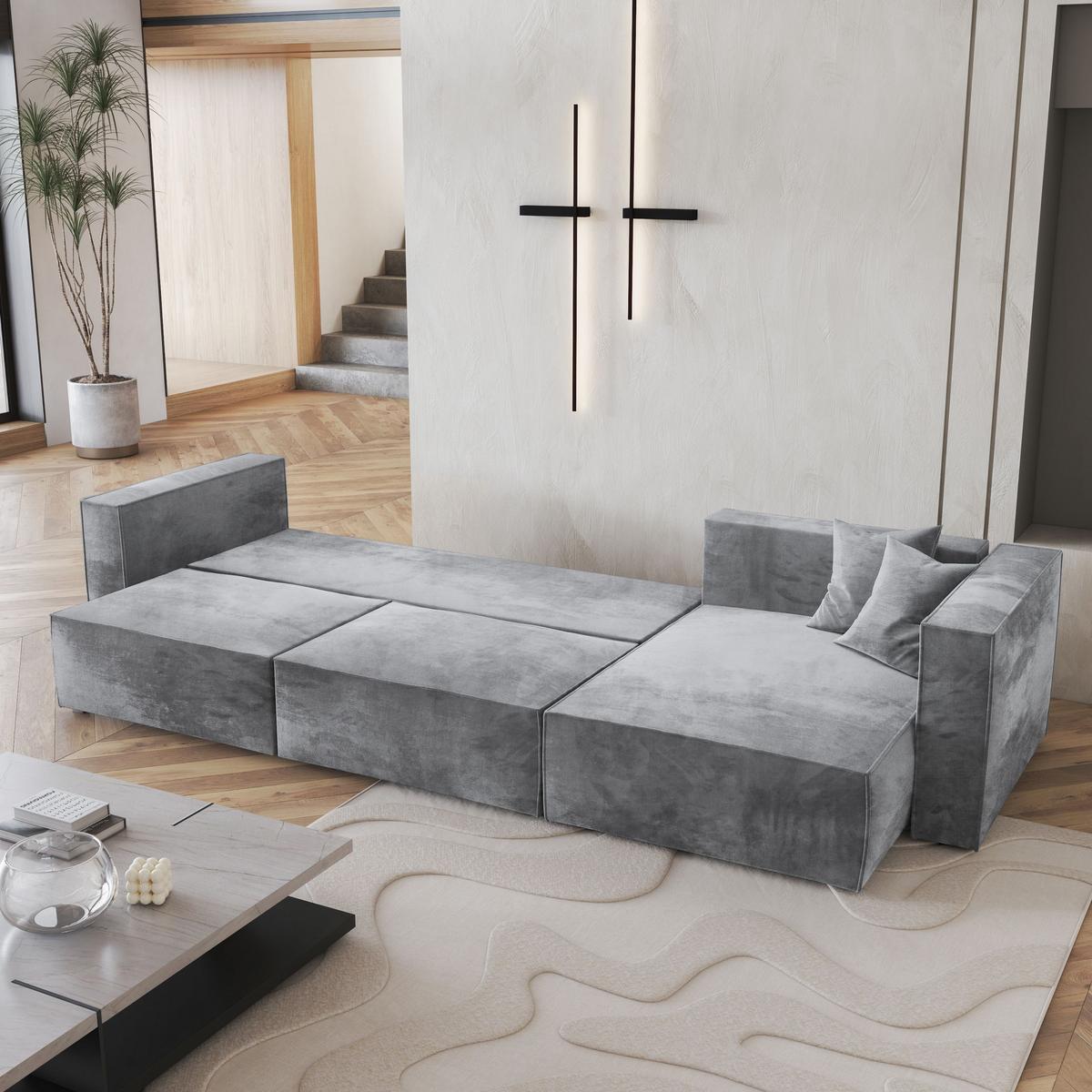 ECKSOFA TOLMO M Hellgrau Velours-Stoff mit Schlaffunktion - Hellgrau/Grau, Holz/Kunststoff (347/148cm) - MASSENO